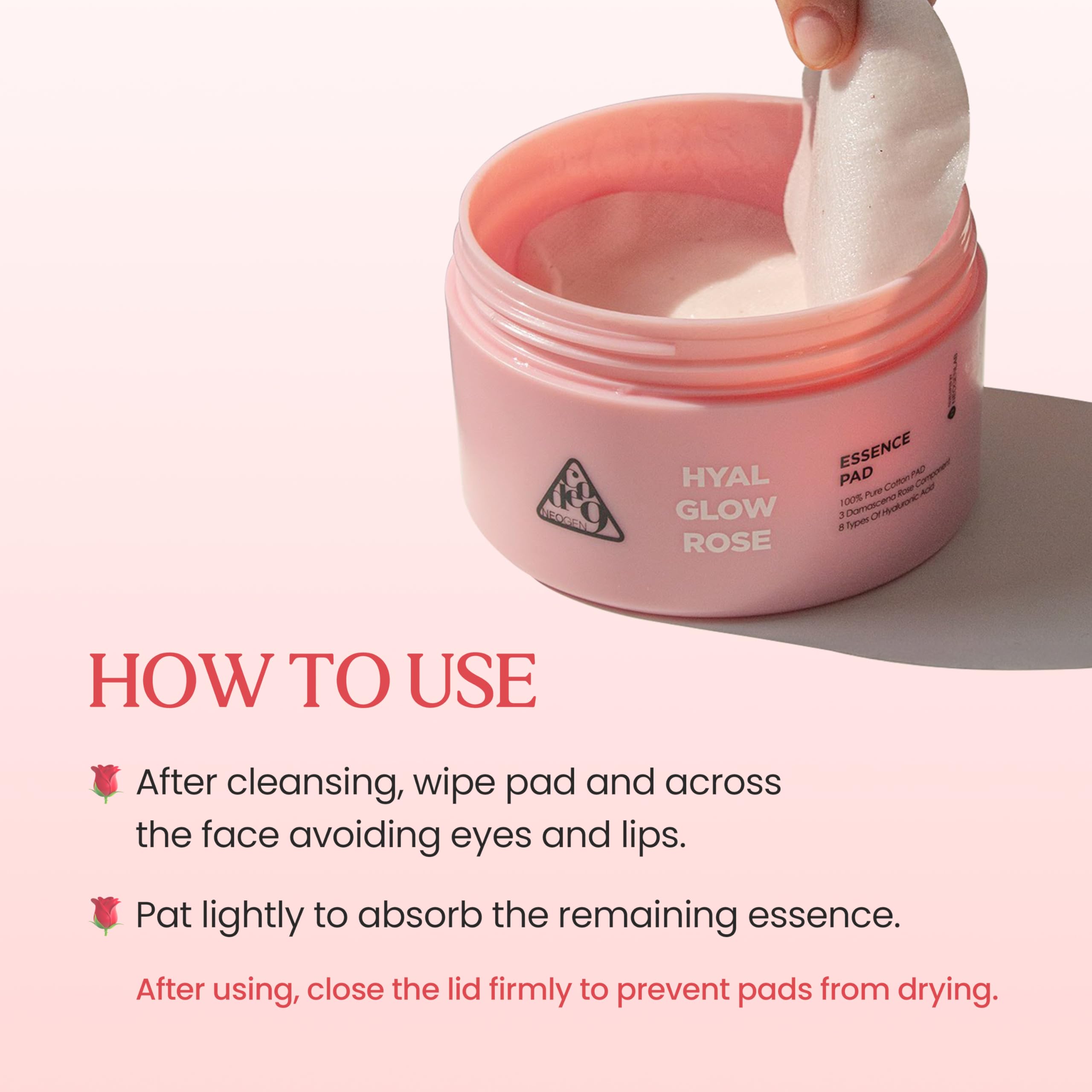 Neogen DERMALOGY Hyal Glow Rose Essence Pad – Hydrating, Firming & Radiance Boosting Toner Pads Infused with Rose Water, Niacinamide, Adenosine & 8 Types of Hyaluronic Acid 70 Pads / 4.6fl.oz
