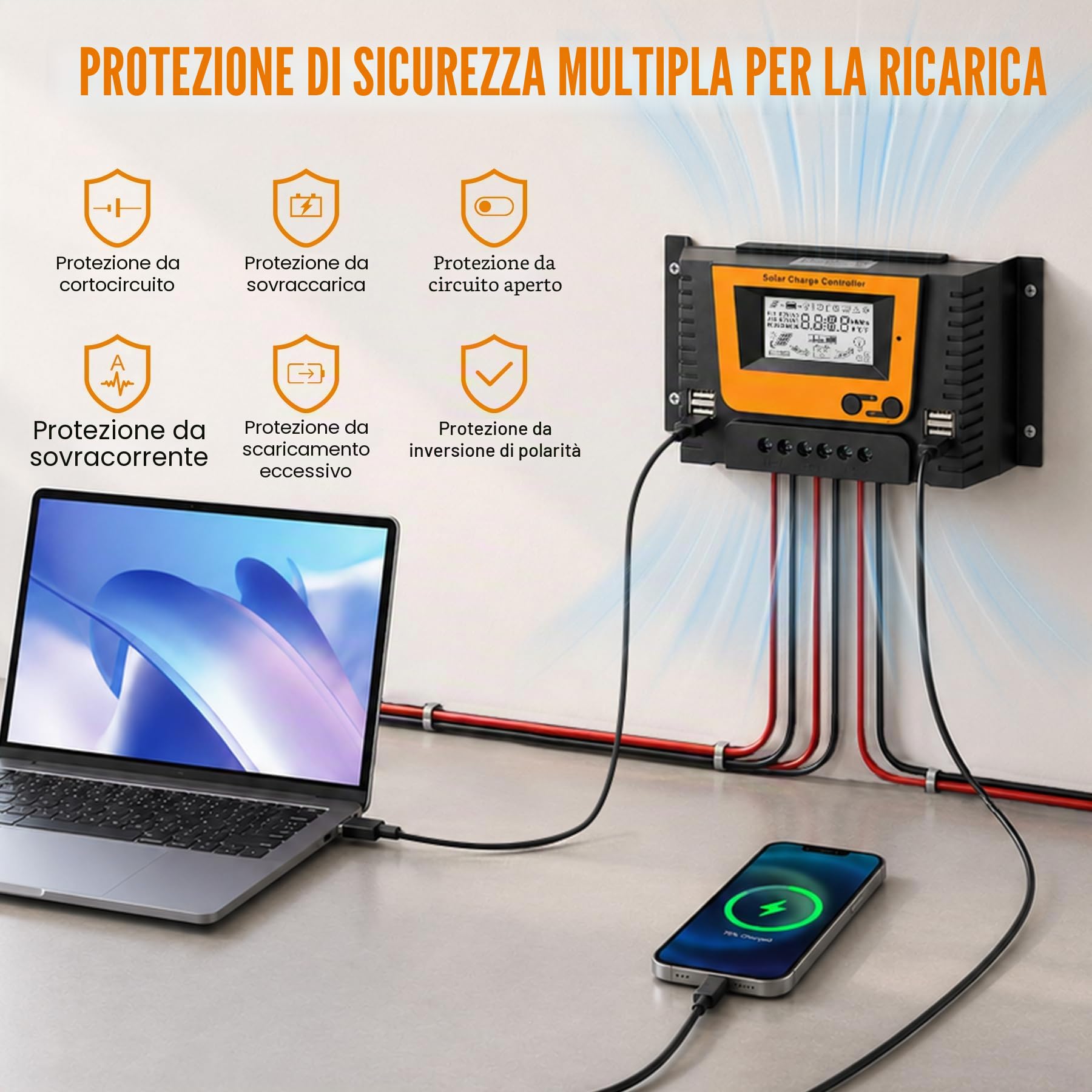 30A Regolatore di Carica Solare 12V 24V 36V 48V Con Bluetooth, PWM 30A Regolatore Carica Solare con sensore temperatura, 4 porte USB, LCD Display, Adatto varie LI SLD FLD GEL AGM Batteria
