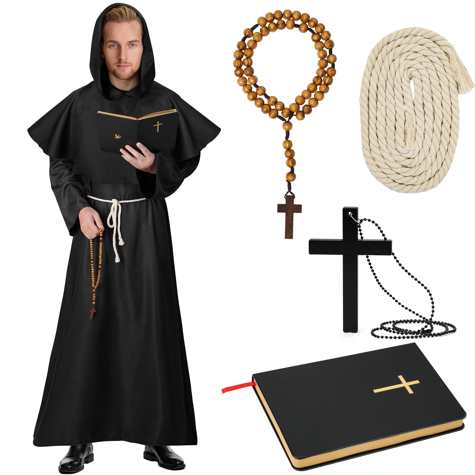 Disfraz de Monje para Hombre con Cadena con Cruz, Rosario, Cinturón y Librito de la Biblia para Carnaval, Halloween, Cosplay y Representaciones Teatrales.
