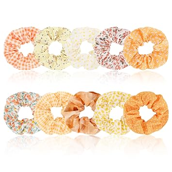 10-Piece Scrunchies for Girls, Polka Dot Plaid Flower Leaf Tie Dye No Damage Elastic Hair Ties, Ponytail Holder Hair Bands, Rubber Band Hair Accessories for Thin Hair Orange