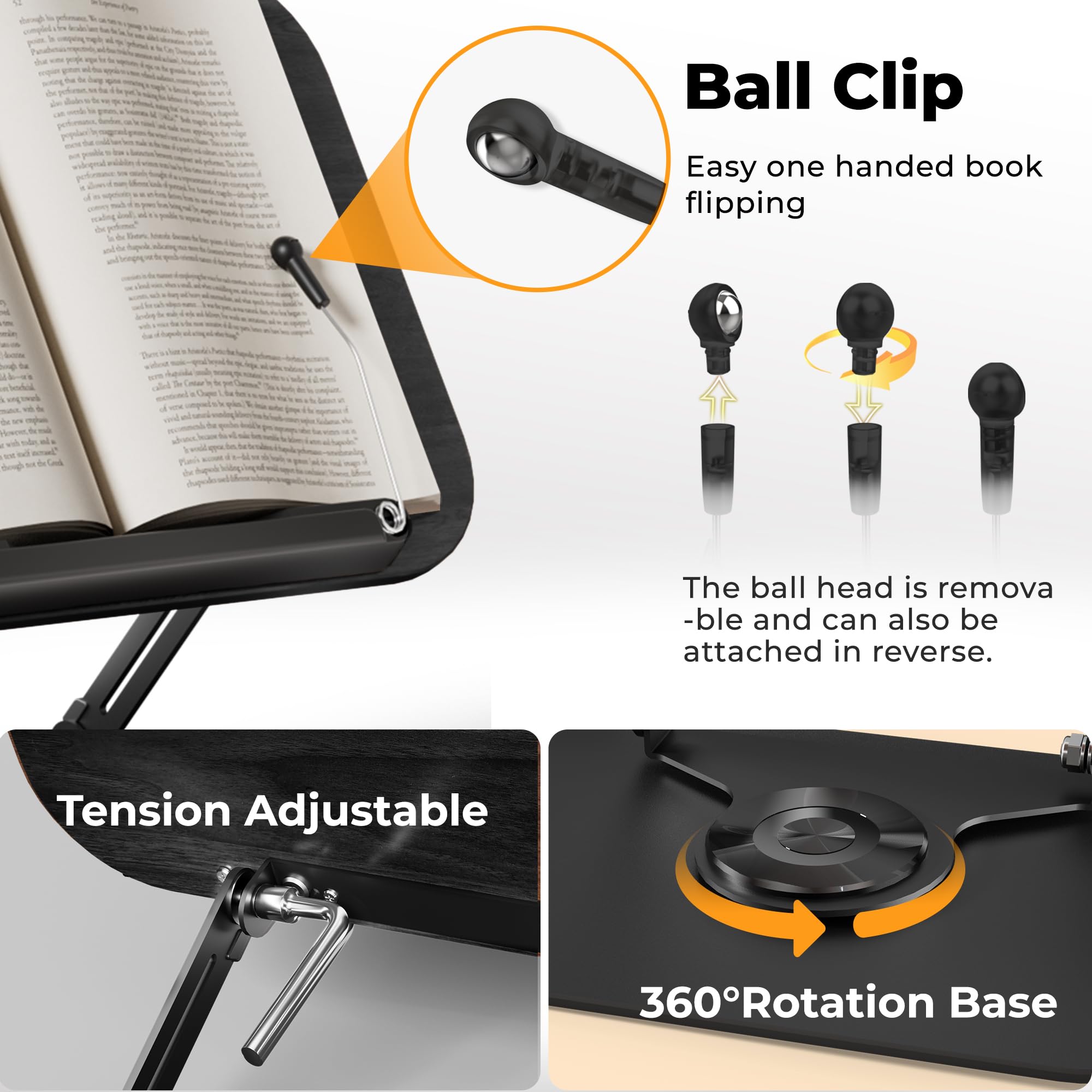 SupeDesk Soporte para libros para lectura, soporte ajustable con bases giratorias de 360°, diseños plegables y clips elásticos, soporte multifuncional para recetas, libros de cocina, revistas,