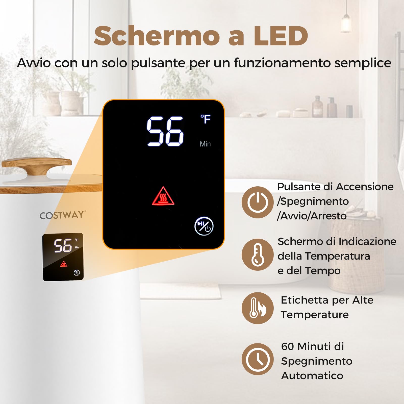 COSTWAY Scalda Asciugamani per Bagno, Scaldabiancheria Grande da 18 L con Schermo LED e Spegnimento Automatico, Secchio Portatile per Asciugamani Caldi per Asciugamani, Accappatoi e Coperte