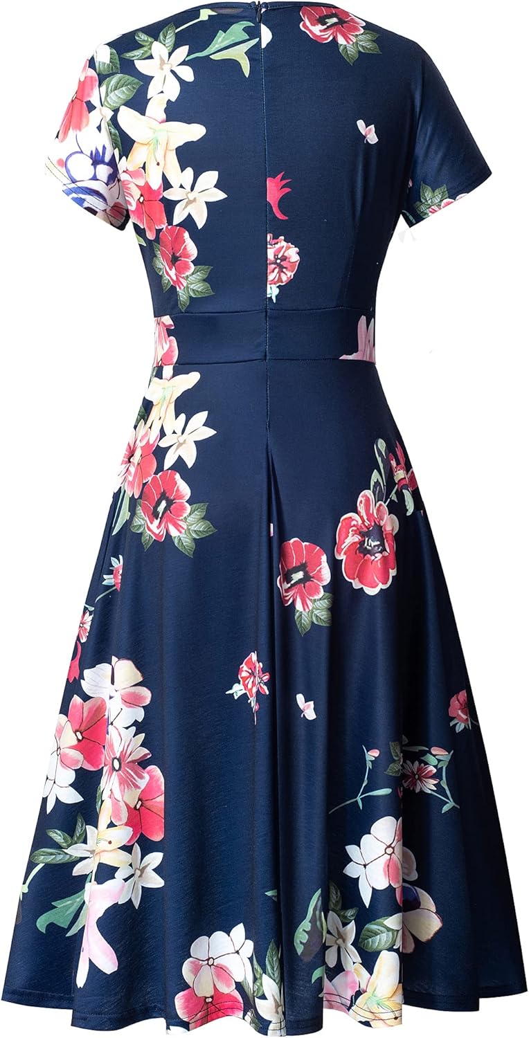 HOMEYEE Women's Short Sleeve Floral Casual Aline Midi Dress A102 (6,Navy/Red Flower) - Image 4