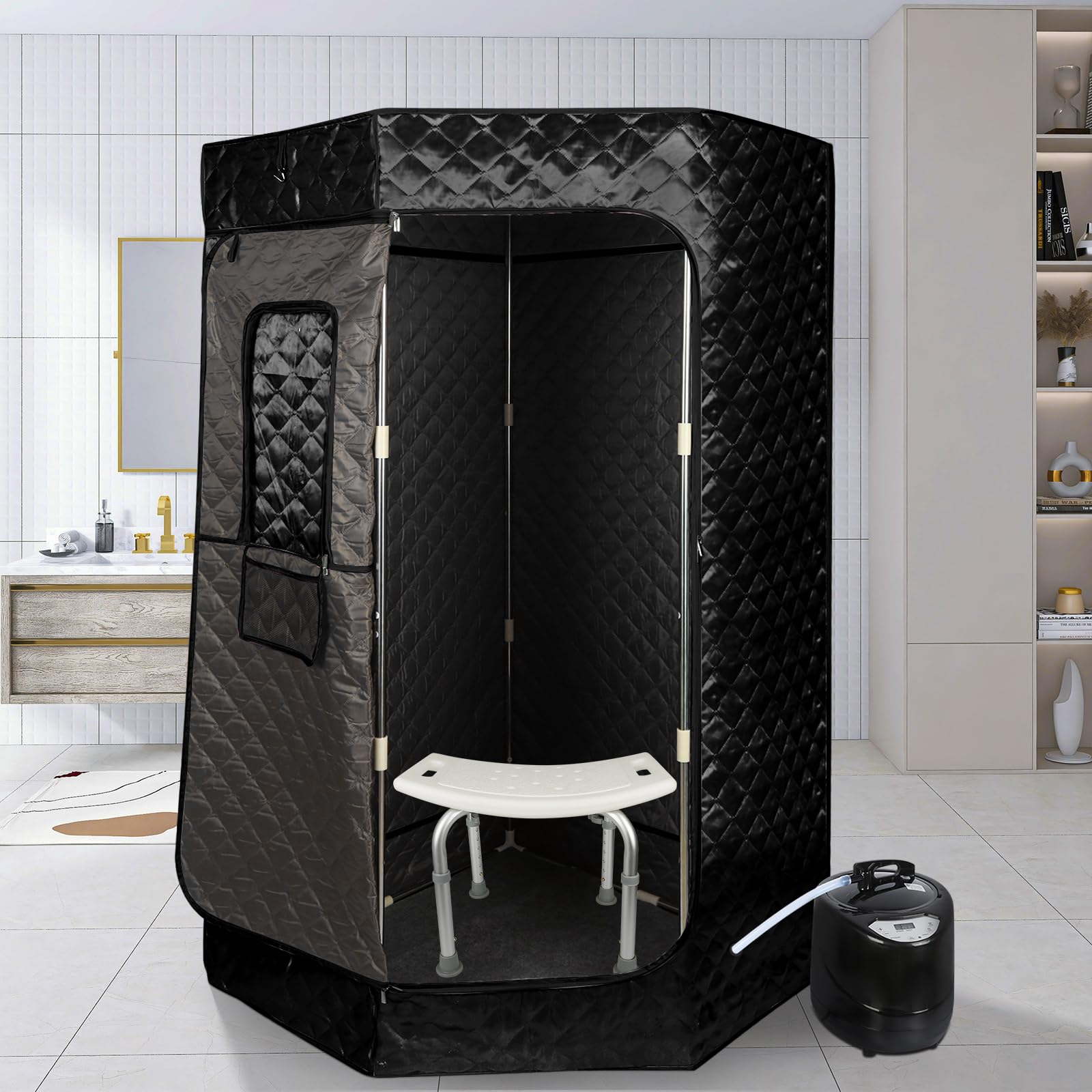 Sauna a Vapore Portatile, Cabina Domestica per SPA, 9 Temperature Regolabili, 0-99 Minuti, Telecomando,per Interna Esterno, Pressoterapia Iinfodrenaggio,90 * 90 * 180 cm (3L) (Nero)