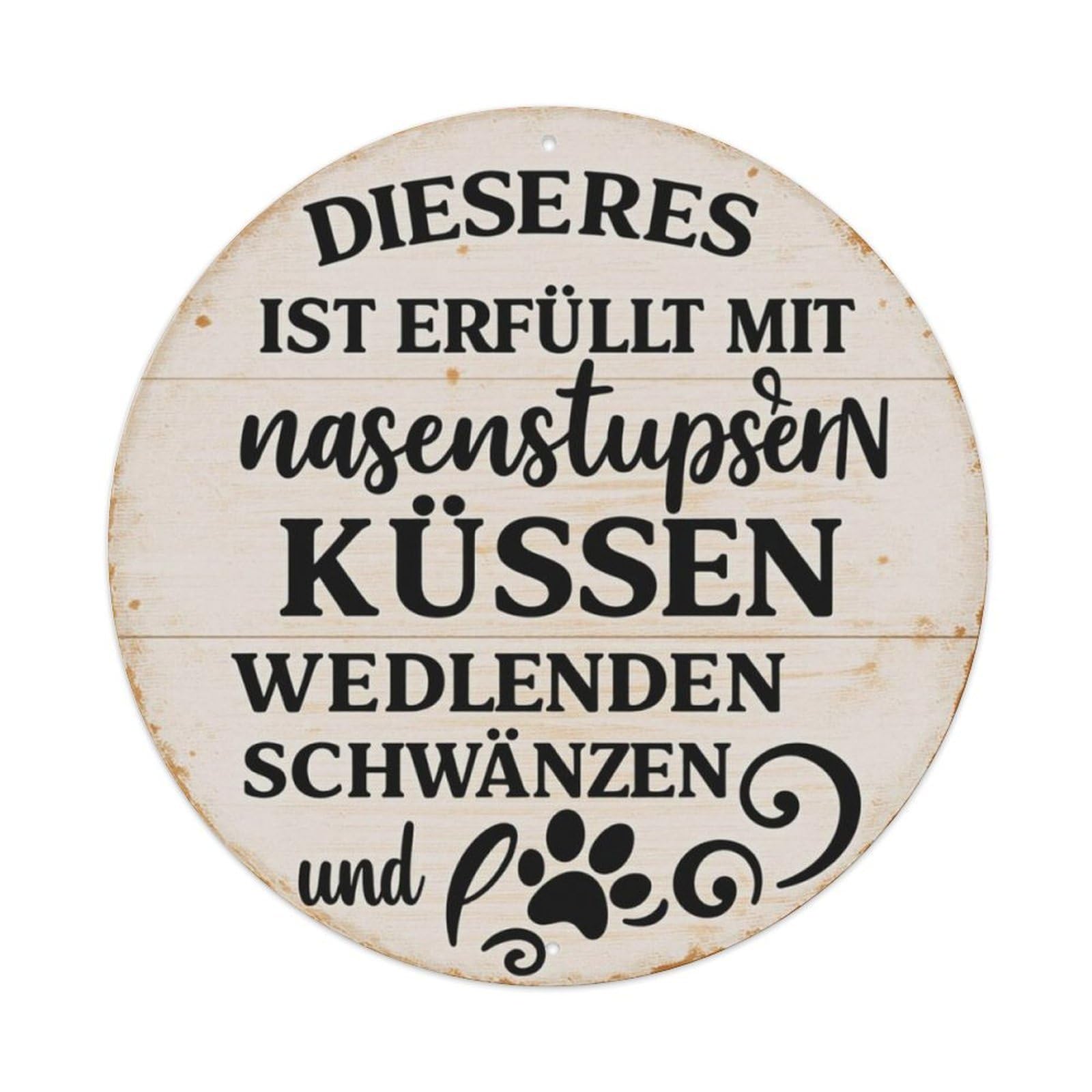 Off White Wood Grain Pet Warm German Quote Round Decor Sign Vintage Aluminium Metal Sign, Retro Wall Decor for Home, Bar, Garage & Farmhouse 20x20cm