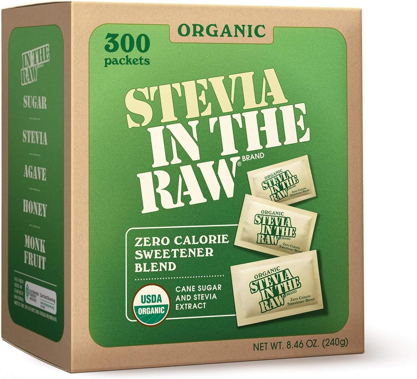 Stevia In The Raw Organic Stevia Sweetener Packets, 300 Ct, Zero Calorie Stevia Sugar Substitute Packets, No Erythritol or Artificial Flavors, USDA Organic, Non-GMO Project Verified, Vegan