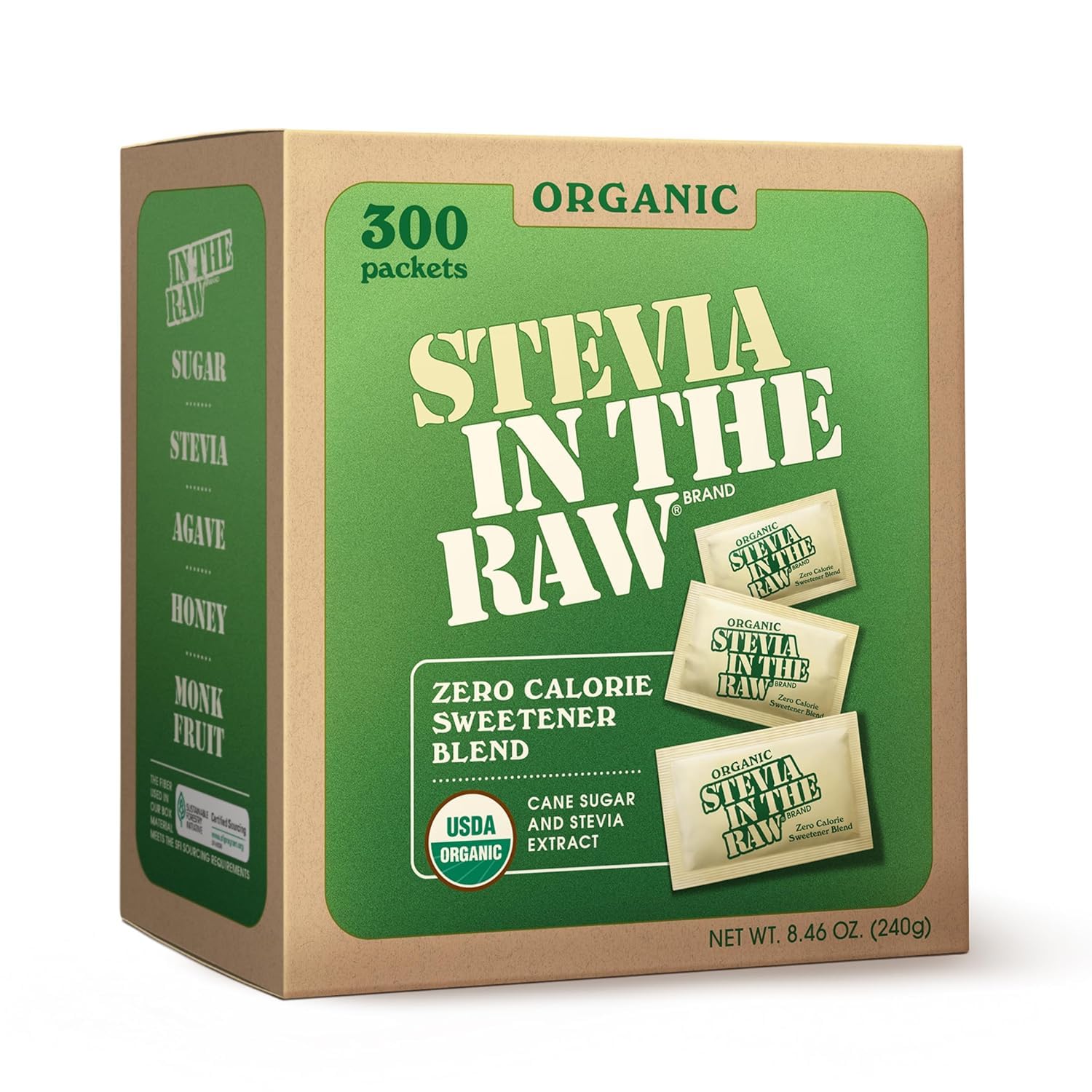 Stevia In The Raw Organic Stevia Sweetener Packets, 300 Ct, Zero Calorie Stevia Sugar Substitute Packets, No Erythritol or Artificial Flavors, USDA