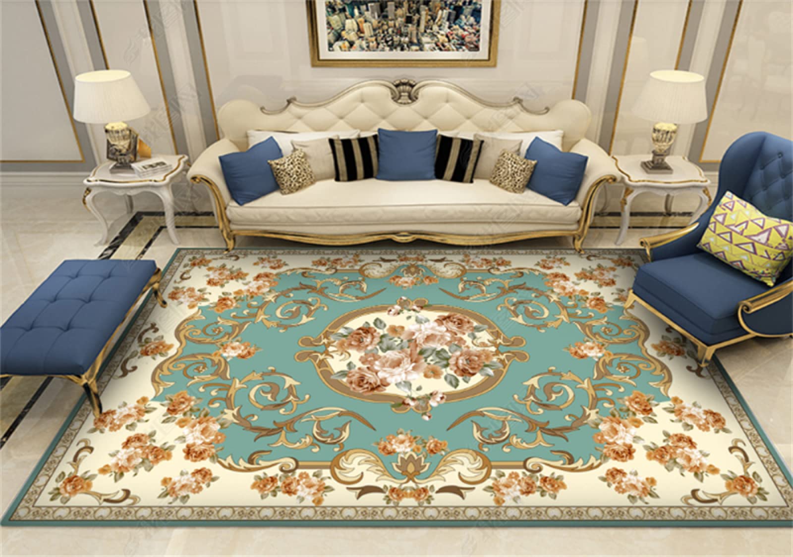 Tapis de salon bleu lavable pour éliminer les taches de cuisine