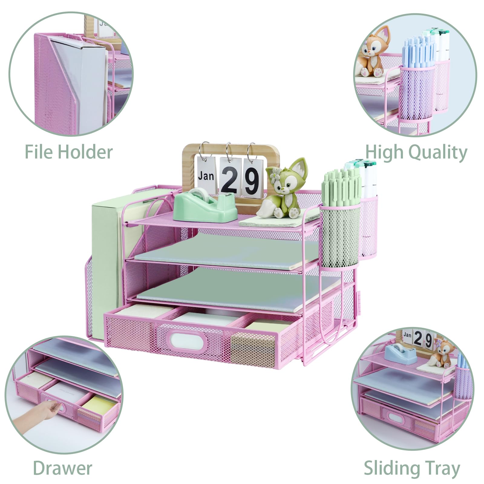 3 Tier Desk File Organiser with Extra Vertical File Sorter, Paper Letter Tray with Top Stationery Drawer Holder, A4 Paper Desktop Filing Trays, Magazine Document Holder for Home Office, Pink - Image 3