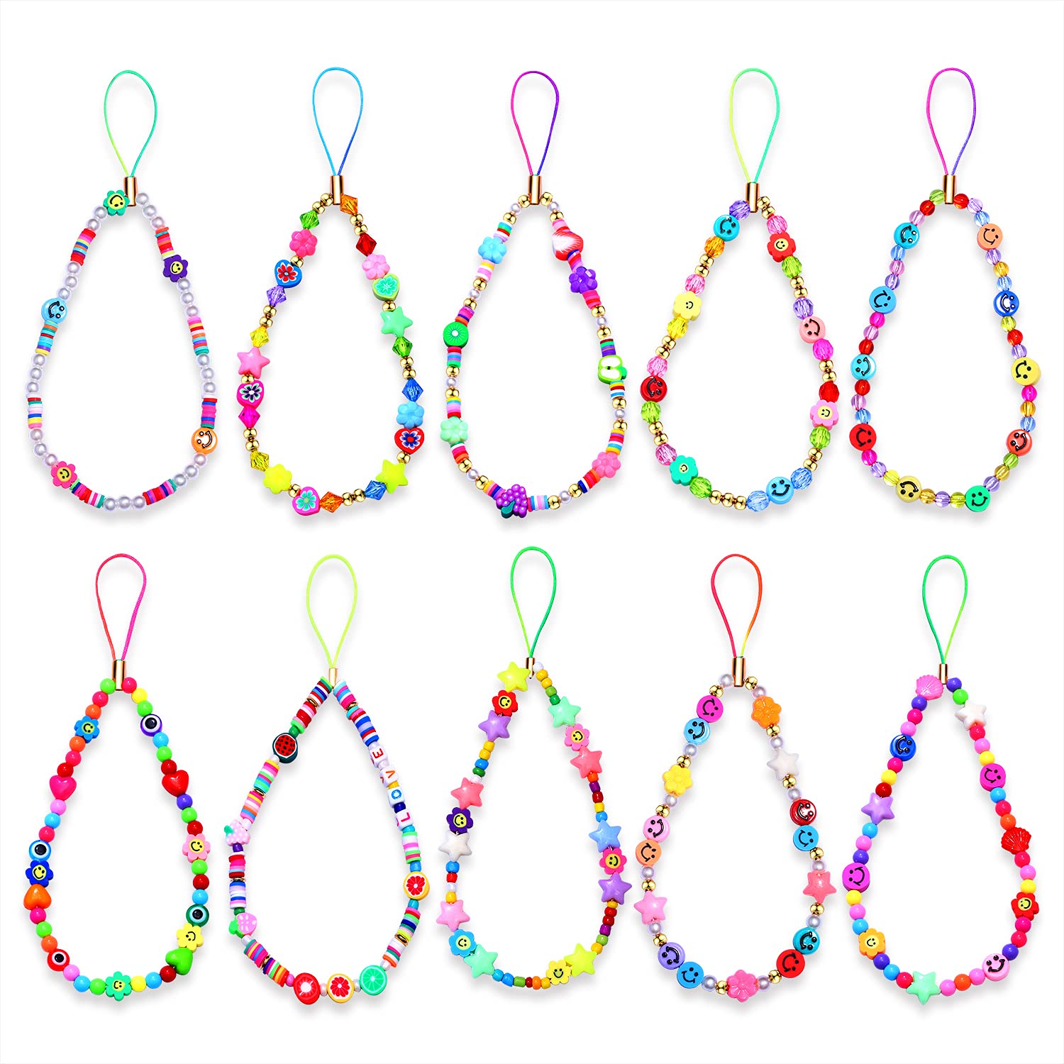 ISALOE Beaded Phone Lanyard Wrist Strap Colorful Smiley Fruit Beaded Phone Charm Cute Cellphone Accessories 10pcs