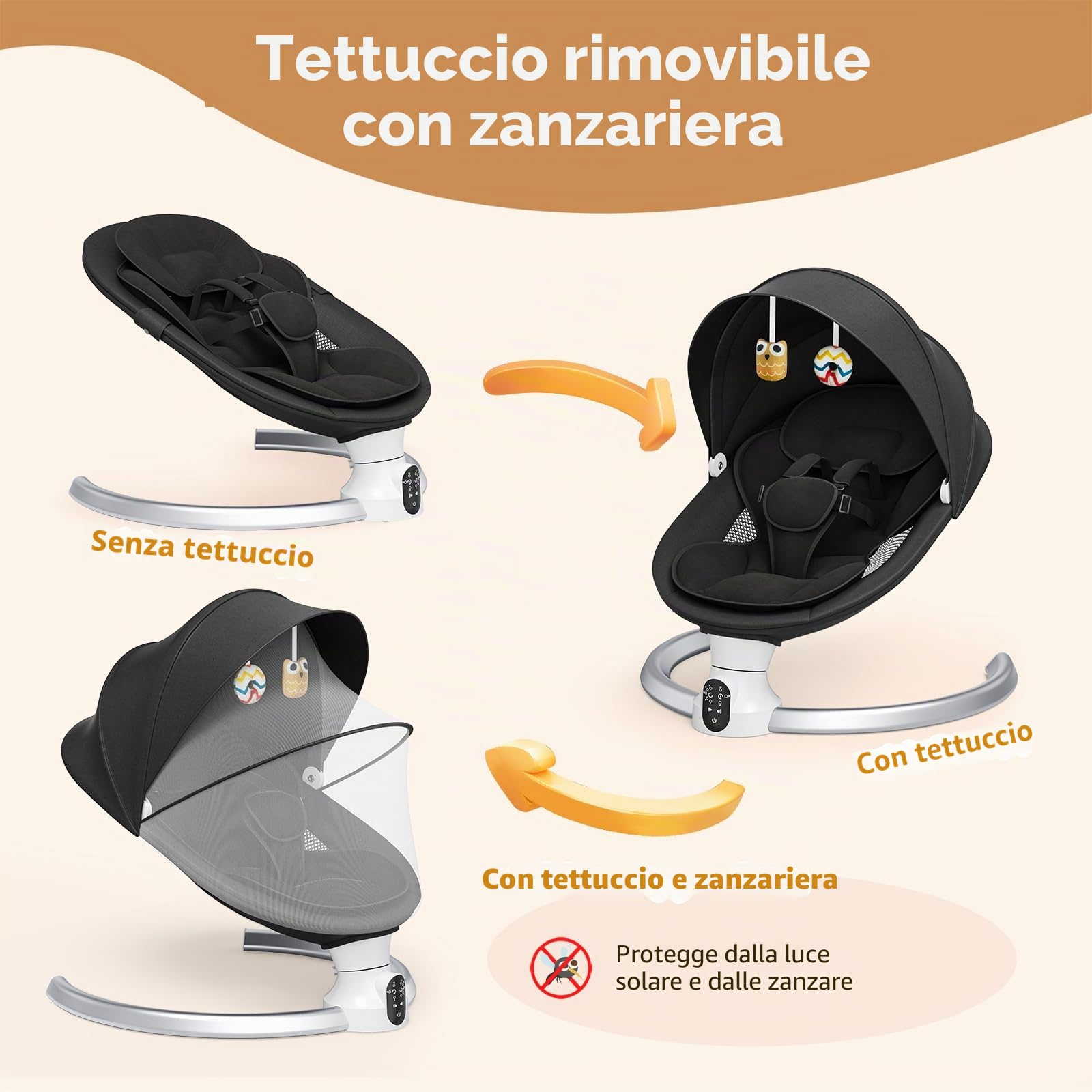 Sdraietta Neonati Elettrica, Dondolo Neonati Elettrico per bambini con telecomando e wireless per stile di controllo APP fino a 9 kg di peso con imbracatura di sicurezza a 5 punti