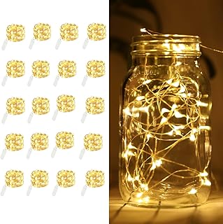 20 Pack LED Fairy Lights Battery Operated,7.2ft 20 LED Silver Wire Warm White Mason Jar Lights,Firefly Mini Led String Lights for Mason Jars Party Crafts Wedding Decorations
