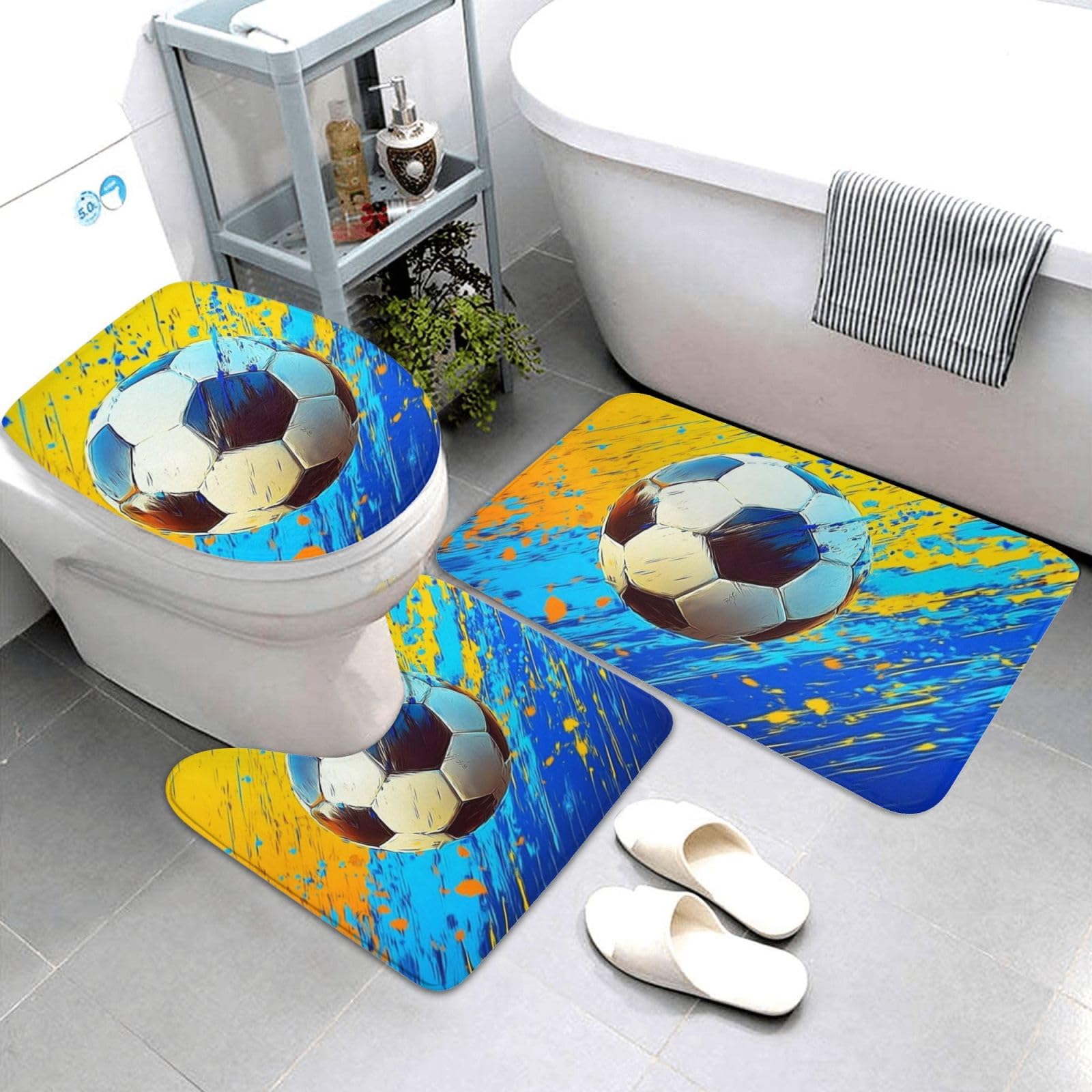 Lot de 3 tapis de salle de bain en mousse à mémoire de forme, doux et absorbants, tapis de toilette en forme de U, décoration d'intérieur, séchage rapide, bleu et jaune
