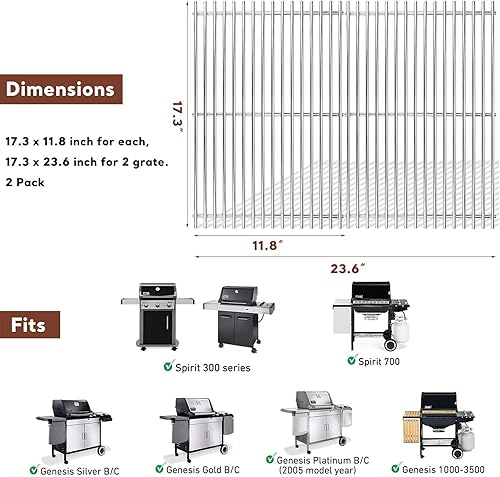 Miniatura 2 de Rejillas de parrilla para Weber Spirit 300 y Spirit II GS4 serie 300, repuesto de rejillas de acero inoxidable para Weber Spirit 310 E310 Piezas de