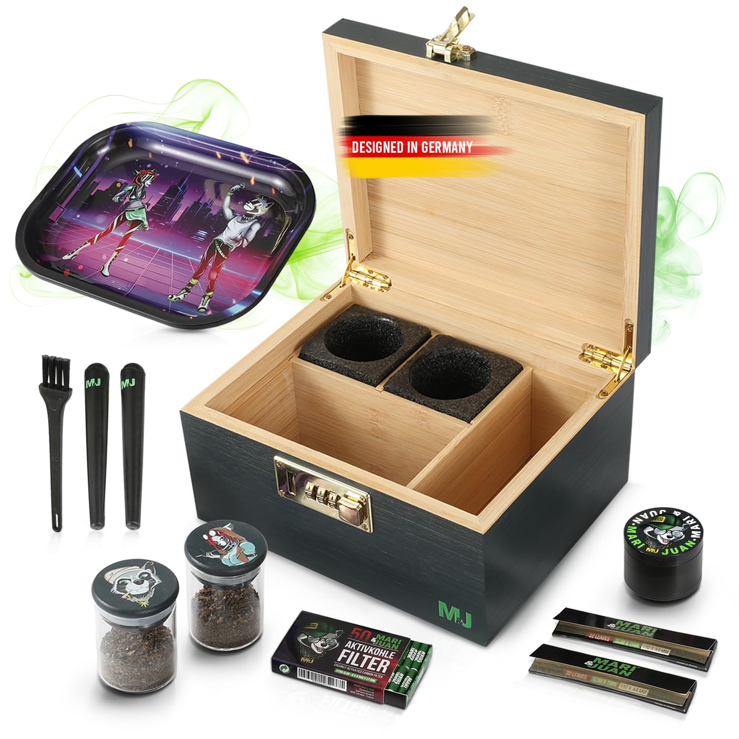 Mari & Juan Bamboo Grinder Box with Combination Lock, Rolling Tray, Leaves Filter, Glass Container & More