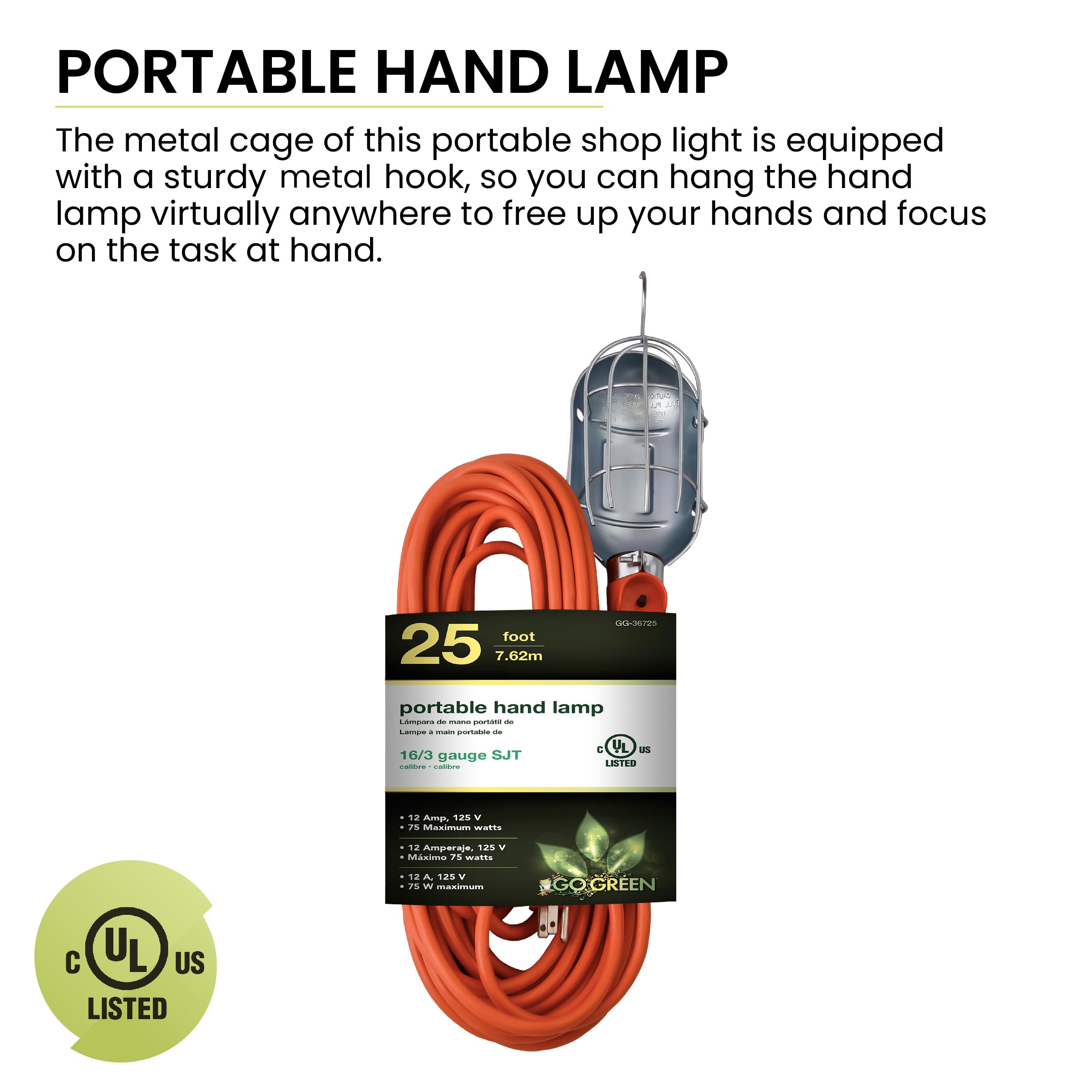 GoGreen Power GG-36725 - Lámpara de Mano portátil 16/3, 25 pies