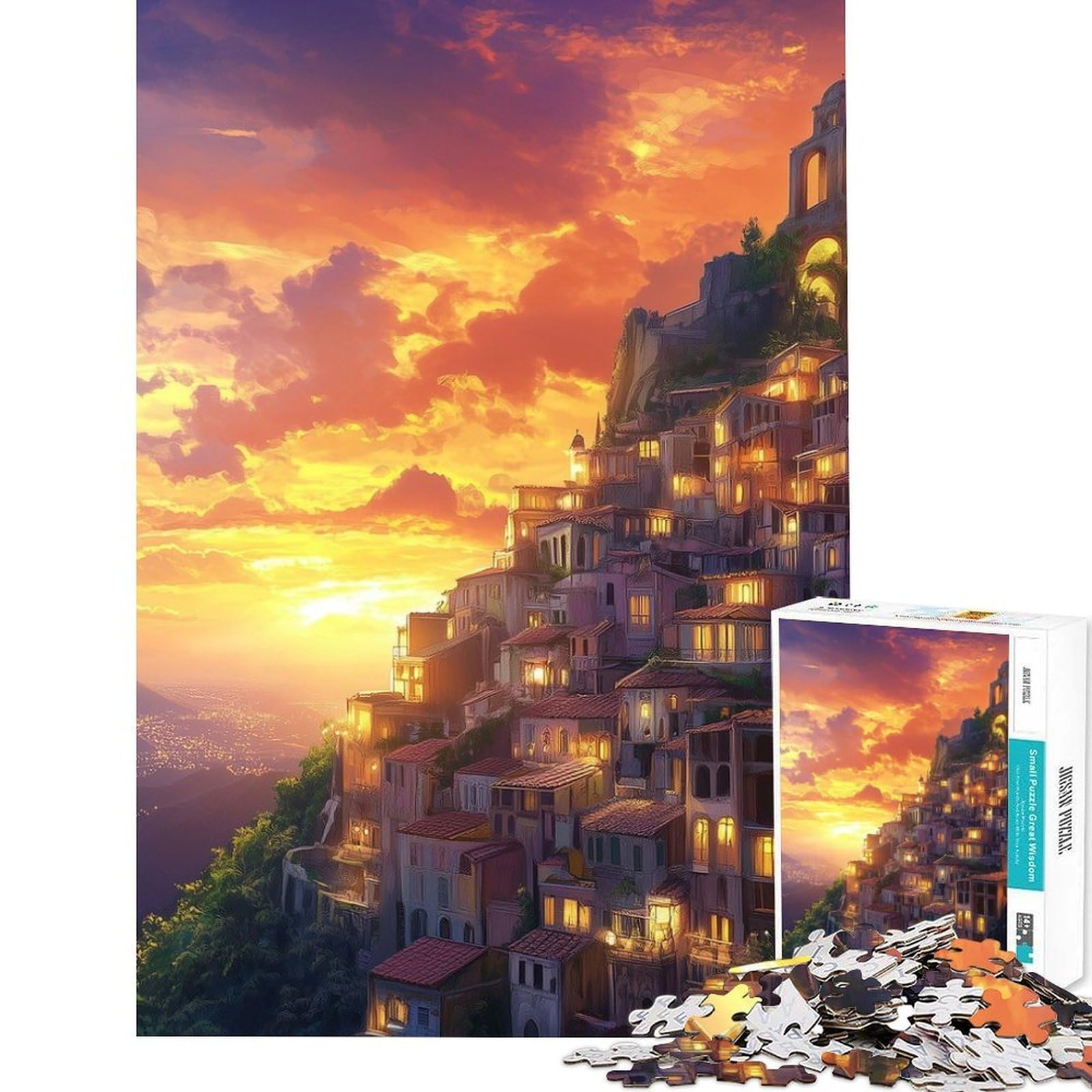 Jigsaws 1000 Pieces for Adults Sunset Village on Cliffside Adult Jigsaw Puzzle Toy Wall Decor Hand Speed Race Christmas Birthday Gifts (Size 38x52cm)