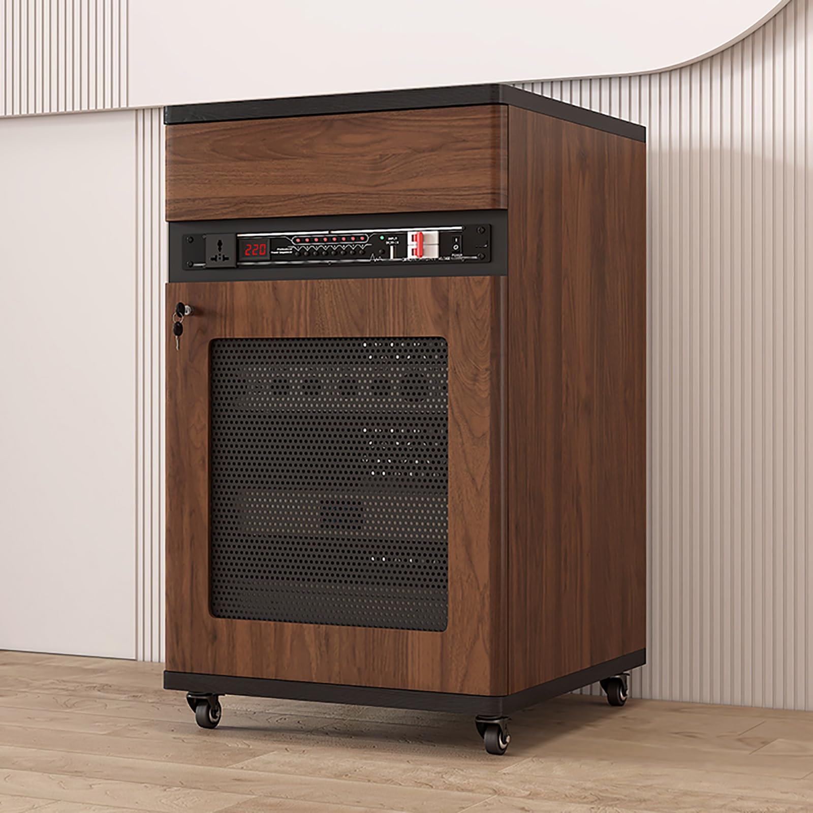 Ruchomy stojak HiFi z regulowanymi półkami, wolnostojąca szafka na media na kółkach, stylowy schowek AV z drzwiami, wykończenie orzechowe, 90 cm (35,4 cala)
