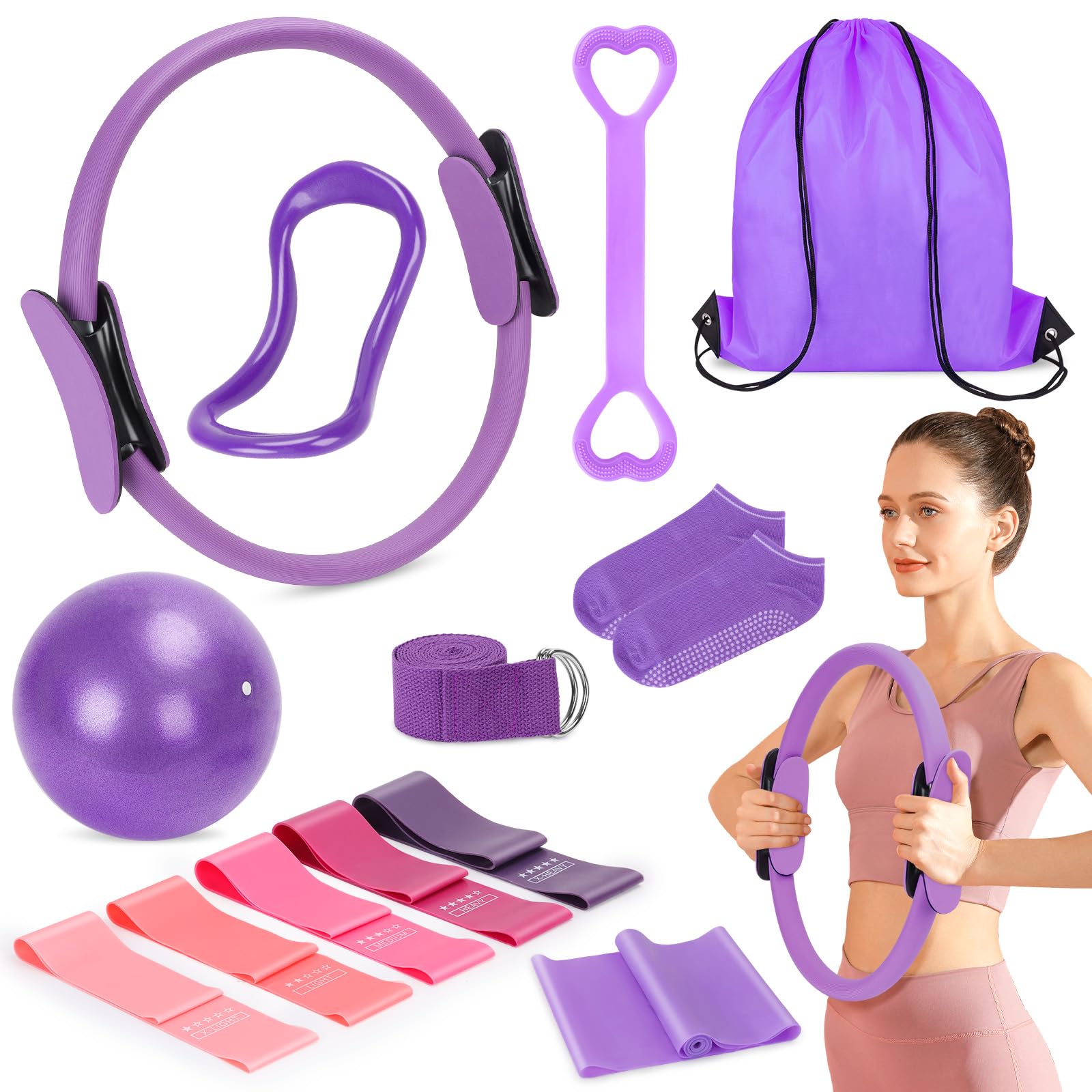 13Pcs Pilates Set Pilates Kit Home Pilates Sets for Women Pilates Workout Kit Pilates Beginners Set Home Pilates Essential kit Pilates Equipment Pilates Ring and Ball Set Pilates Accessories, Purple