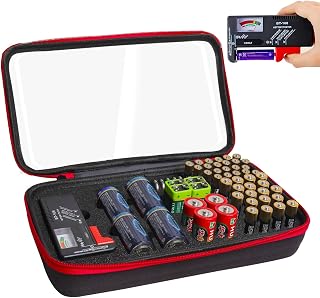 Battery Organizer Storage Case with Tester,Clear Batteries Storage Organizers Holds, Just The Right Size Slot with stable handle,Holds 57 Batteries Various Sizes(Batteries are Not Included)(Red)