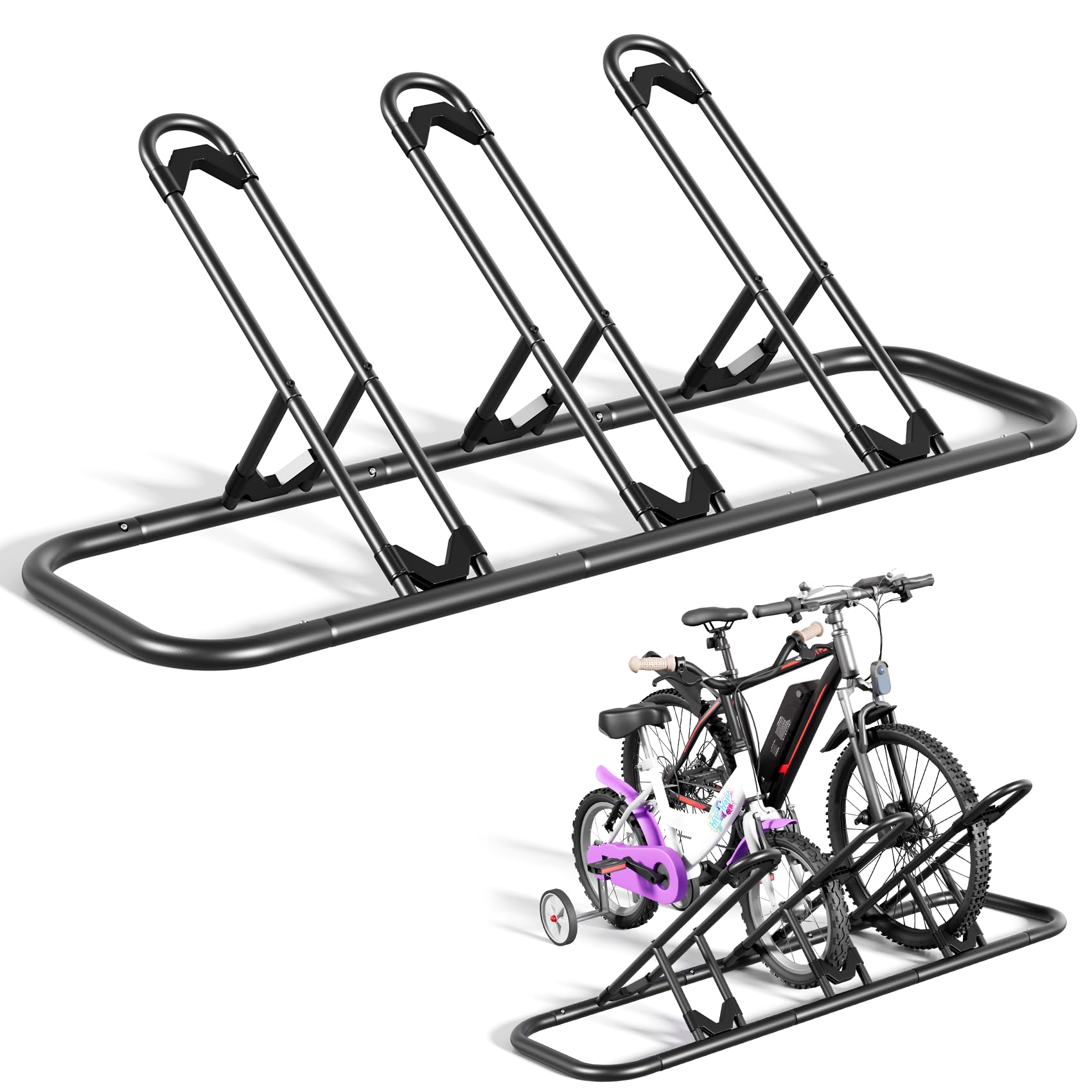 Mr IRONSTONE Bike Rack, Floor Bike Rack for Garage, Indoor/Outdoor Bike Storage Stand Bicycle Parking Rack, for Mountain Bike, Road Bike and Kids Bike (Black, 3 Bike)