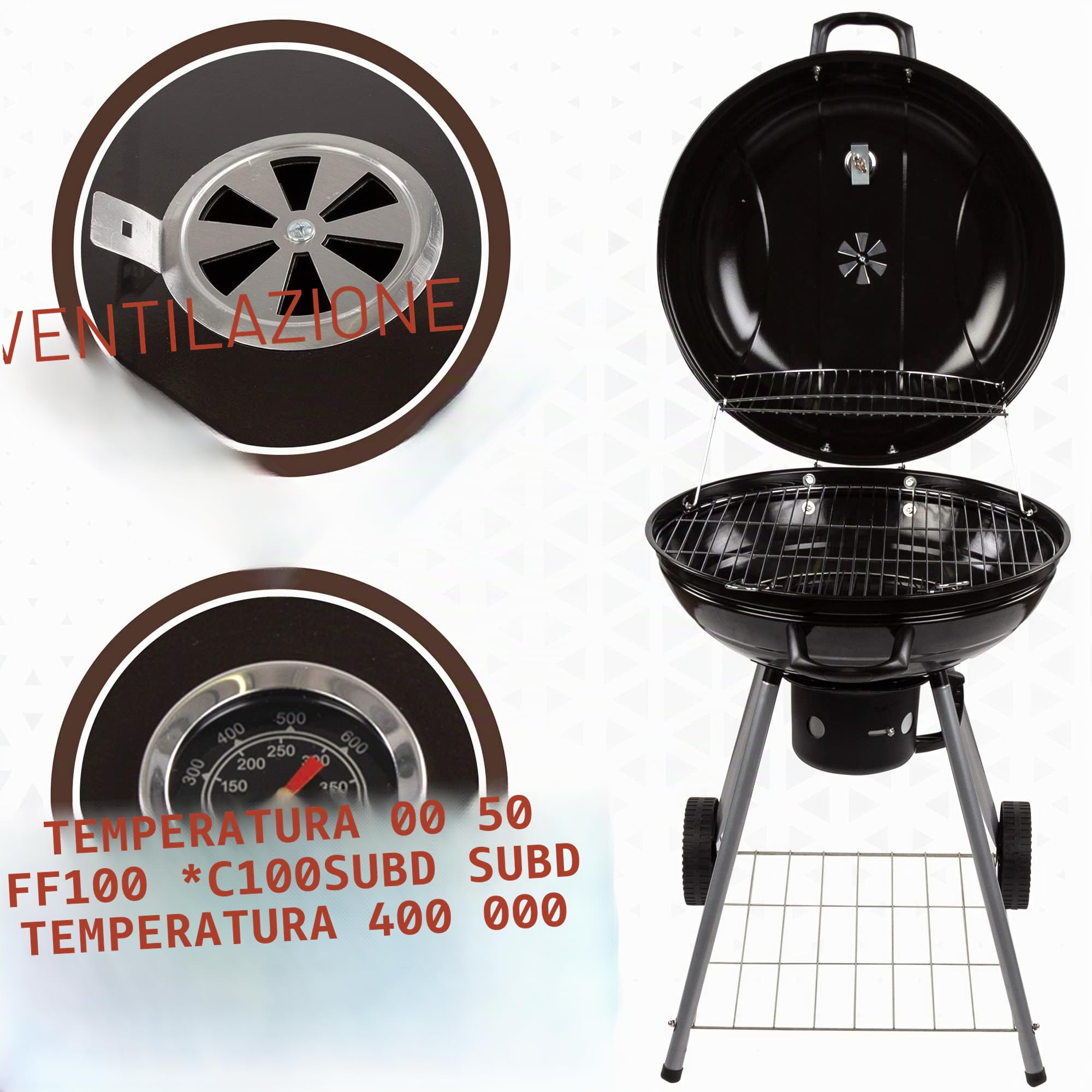 AKTIVE Barbecue a carbonella portatile con coperchio, Ø57x86cm, Rotondo, Metallo, Sistema di ventilazione, Cassetto per la cenere, Controllo della temperatura, 2 ruote, Trasporto facile