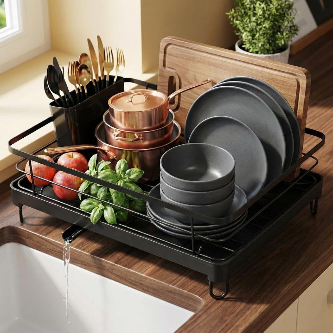 Stainless Steel Dish Drying Rack for Kitchen Counter, Sink Organization and Storage Essentials with Silverware & Utensil Holder, Home and Apartment Décor