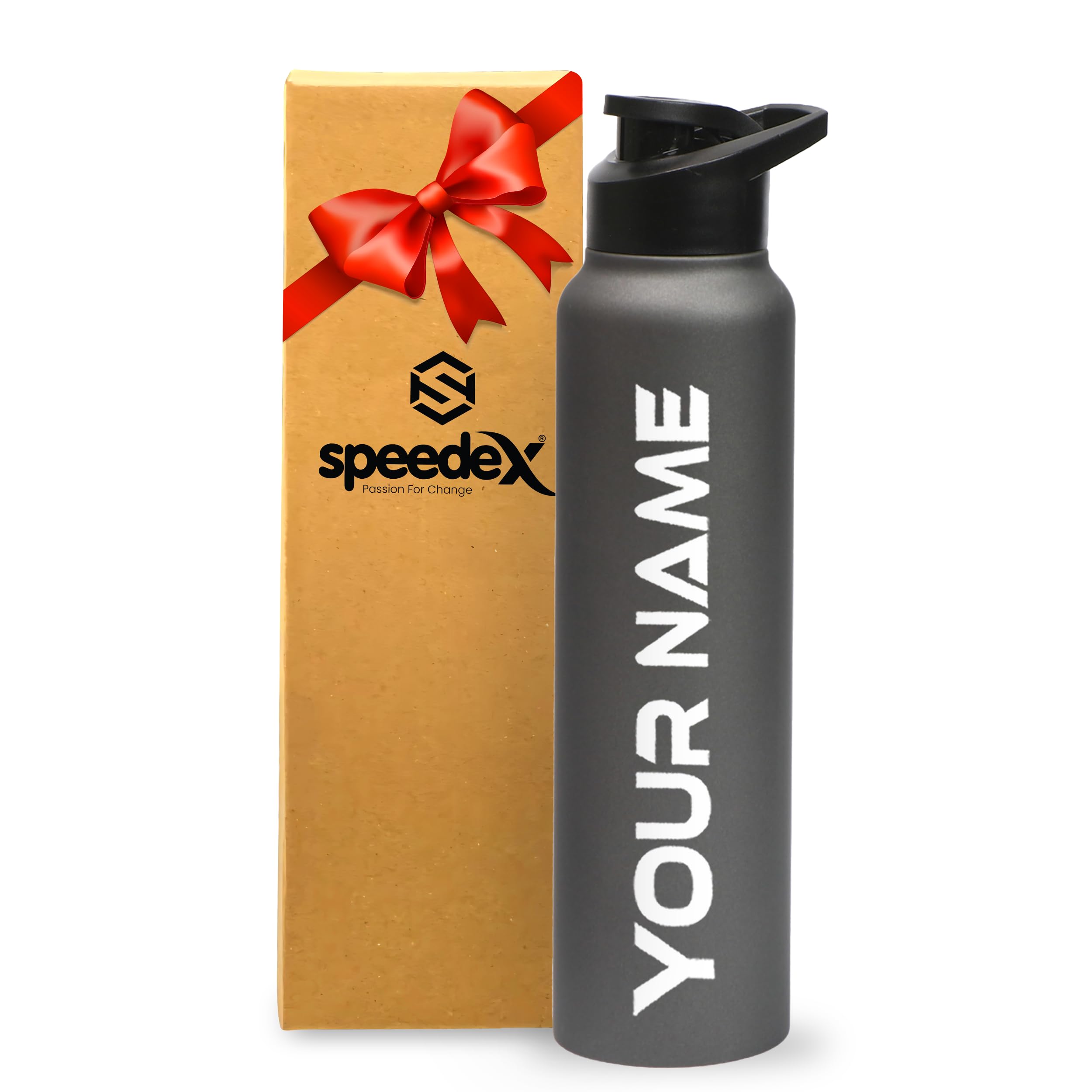 Speedex Customised Stainless Steel Water Bottle 1 Ltr with Name – Personalised Engraved Sipper Cap Bottle for Kids, Men & Women, School, Gym, Office Grey, Set of 1