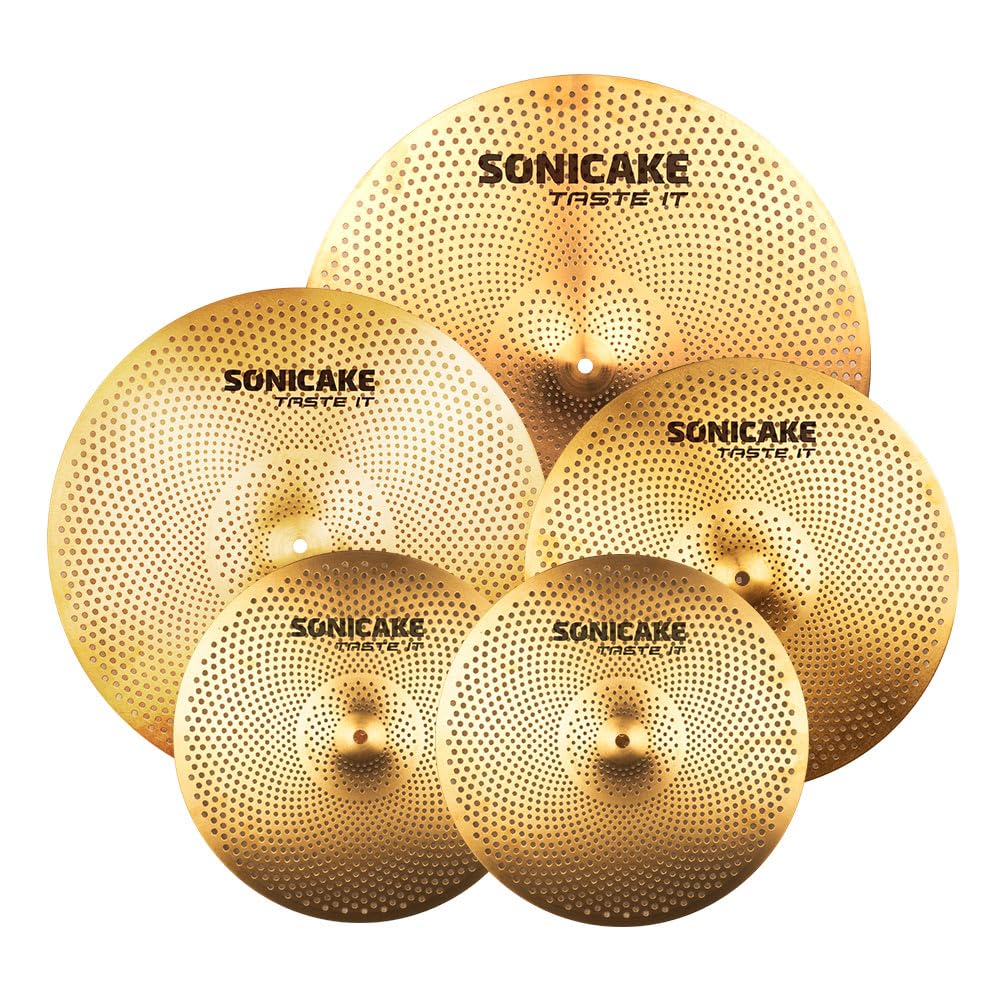 SONICAKE Cymbal Set mit geringer Lautstärke 14" HiHat+16" Crash+18" Crash+20" Ride Beckenset Golden 5 Stücke