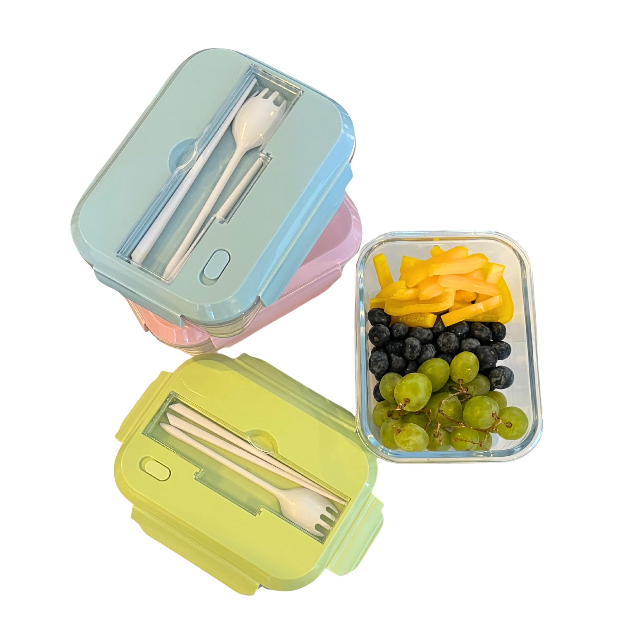 THY COLLECTIBLES Set of 3 36 OZ Glass Lunch Storage Containers with Lids and Utensils, Microwave Safe, Leak Proof, Freezer to Oven Safe for Meal Prep, Leftovers, Cooking, Bento Box (1 Compartment)