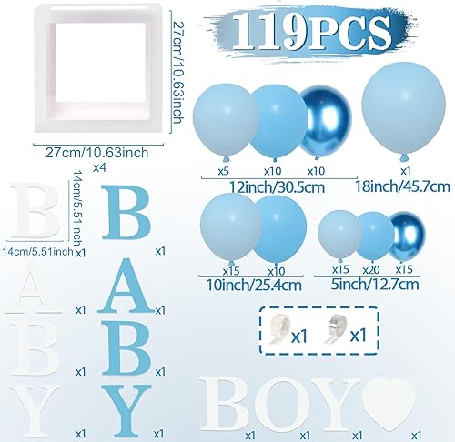 Miniatura 4 de Decoraciones de baby shower para niño, kit de arco de globos azul marino de diferentes tamaños, 4 cajas con letras para baby shower, decoraciones de