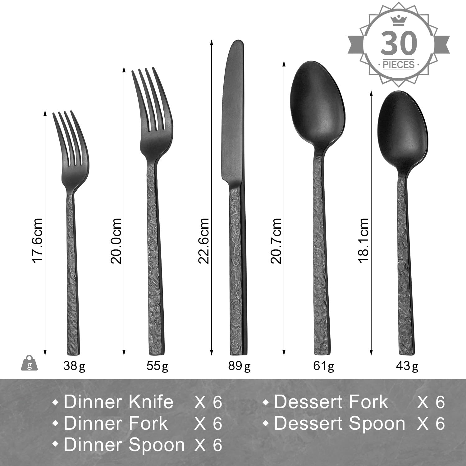 HIKAA 30-Teiliges Besteck Schwarz Matt, Besteck Set 6 Personen, Gehämmert Essbesteck aus 18/10 Edelstahl Besteck, Cutlery Set für zu Hause und Restaurants, Spülmaschinenfest