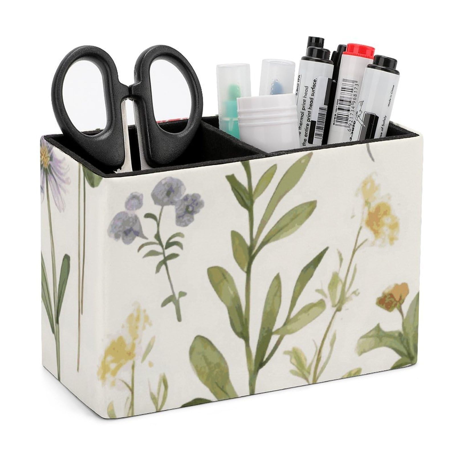 JTREHY Season Watercolors of Herbs Flowersb Pencil Holder Exquisite Fashion Leather Pen Receptacle Soft High-End Pen Container for Office Home Accessories Or Housewarming Present