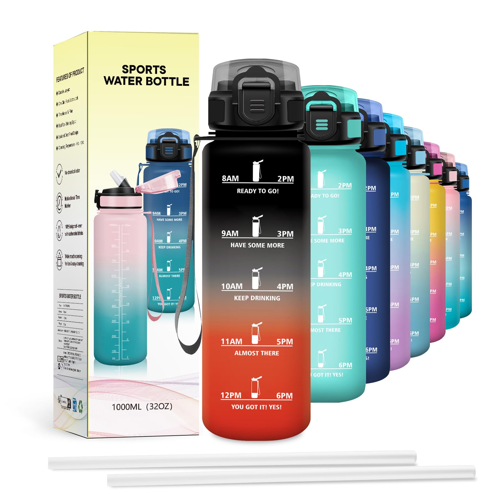 JAPORIA Borraccia 1L, Bottiglia Acqua Motivazionale con Cannuccia, Motivazione, Riutilizzabile, Grande, per Trekking, Viaggio, AriaAperta