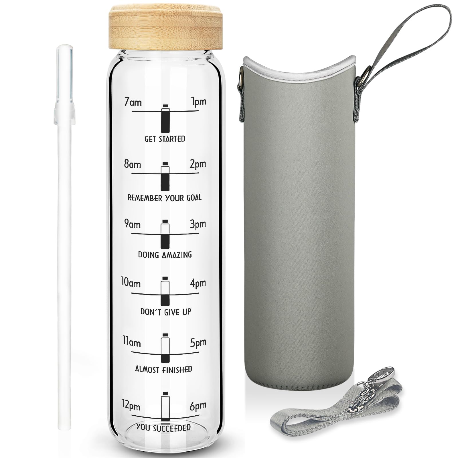 Ferexer 1 Liter Trinkflasche Glas mit Strohhalm & Zeit Markierung, 1L Motivierende Wasserflasche Glas mit Schutzhülle, Borosilikat Glas Flasche für kohlensäurehaltige Getränke, Auslaufsicher Sport & Freizeit