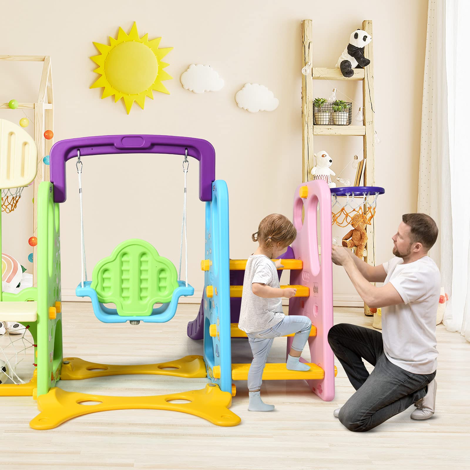RELAX4LIFE 6 en 1 Tobogán Infantil para Niños, Parque Infantil con Tobogán, Columpio y Canasta Baloncesto, Juego de Toboganes para Niños 18 Meses-5 Años, Casitas Infantiles Interior (Púrpura+Verde)