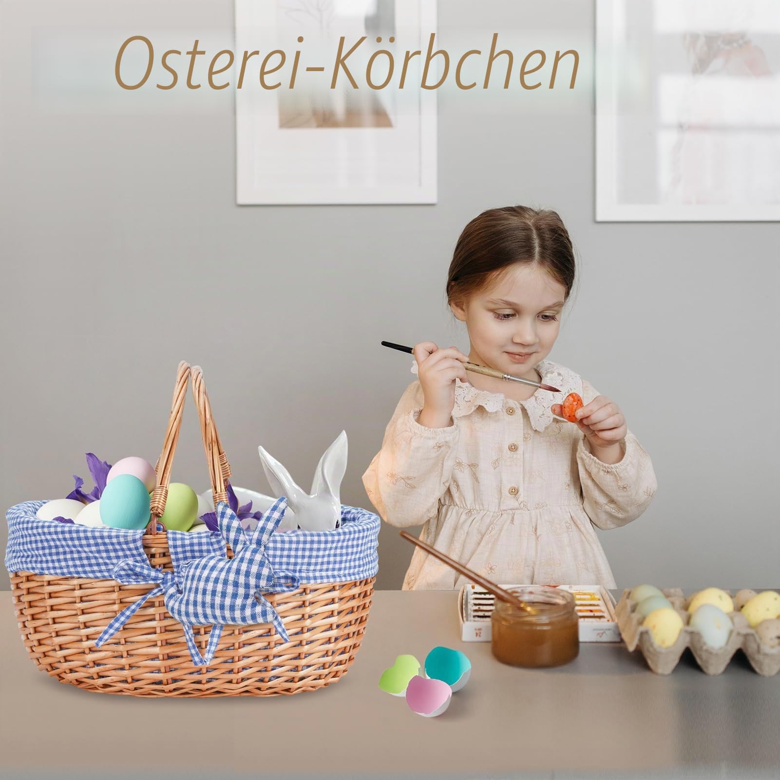 G Good GAIN Weiden-Picknickkorb mit Doppelten, Faltbaren Griffen, Weiden-Picknickkorb, Handgewebter Osterkorb, Ostereier und Süßigkeitenkorb, Aufbewahrungskorb, Geschenkverpackung, Blau