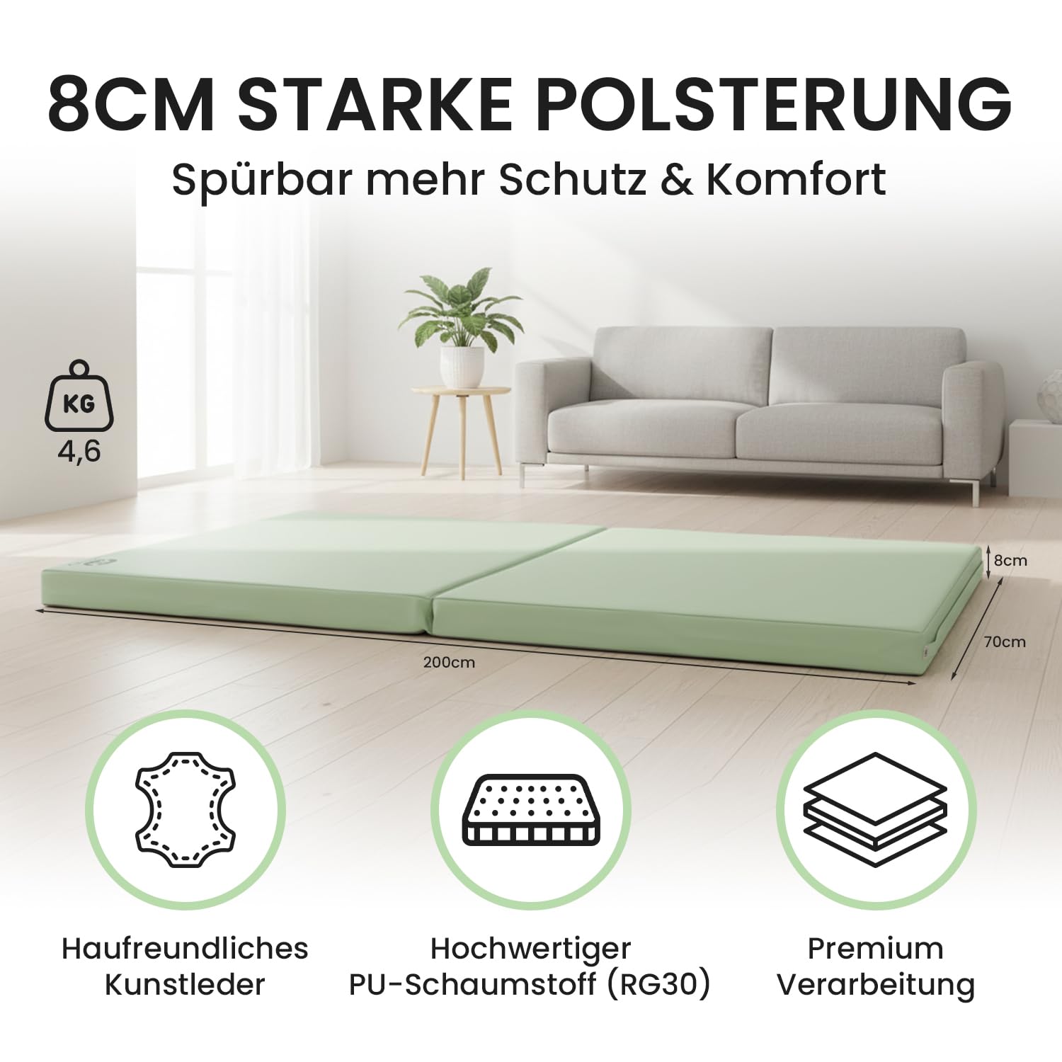 Jeflex – Esterilla plegable y esterilla de gimnasia plegable 1 vez – 200 x 70 x 8 cm – Fabricado en Alemania/esterilla de gimnasia portátil/ahorra espacio y esterilla de juego para habitación infantil