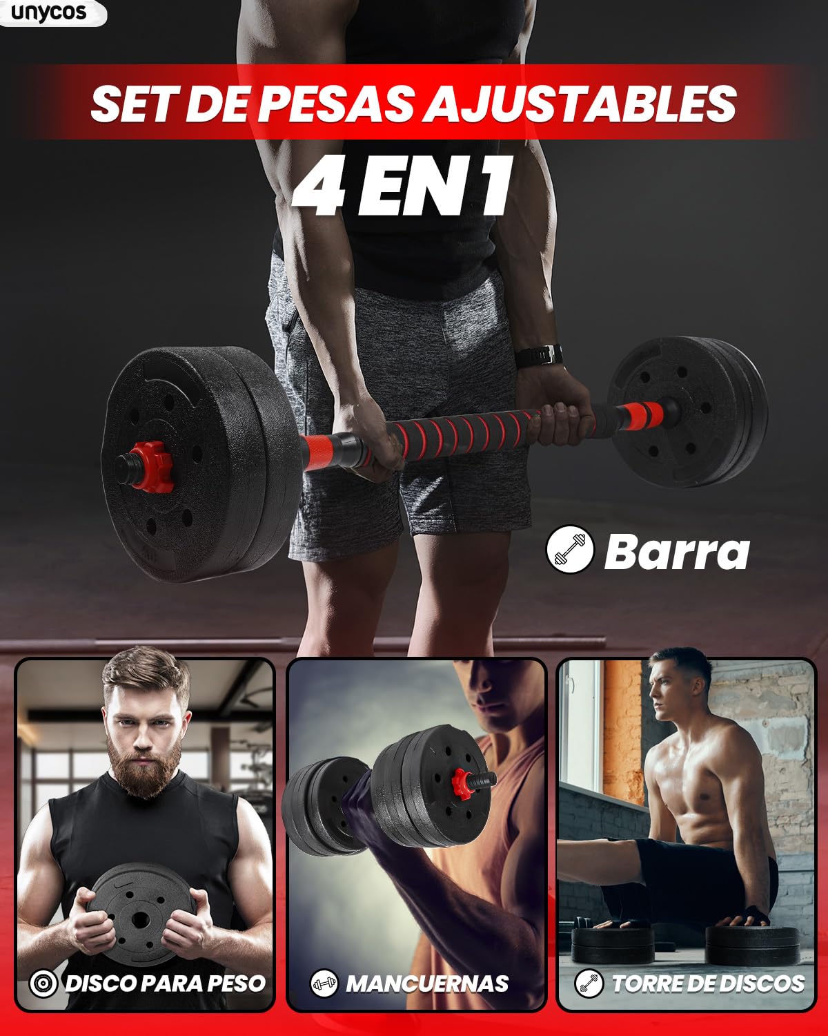 unycos - Mancuernas Ajustables【Discos de Cemento | 10-40 kg】con Barra Recta de Conexión | Pesas Ergonómicas para Hombres y Mujeres, Gimnasio en Casa, Fitness (Red/Orange Transformer) — view 2