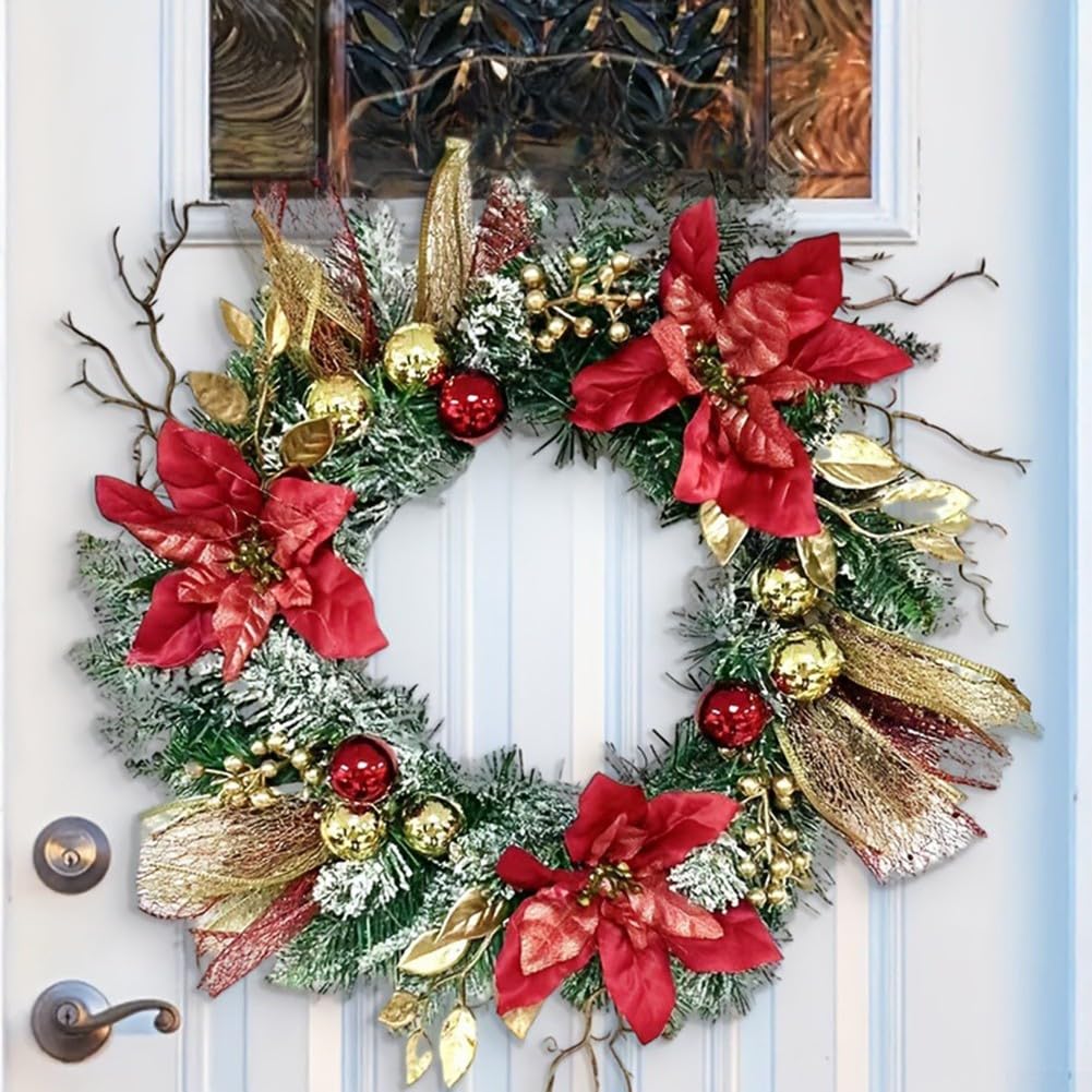 Couronne de Noël lumineuse de 40,6 cm avec poinsettia rouge et pommes de pin dorées à paillettes pour décoration de porte, mur, cheminée