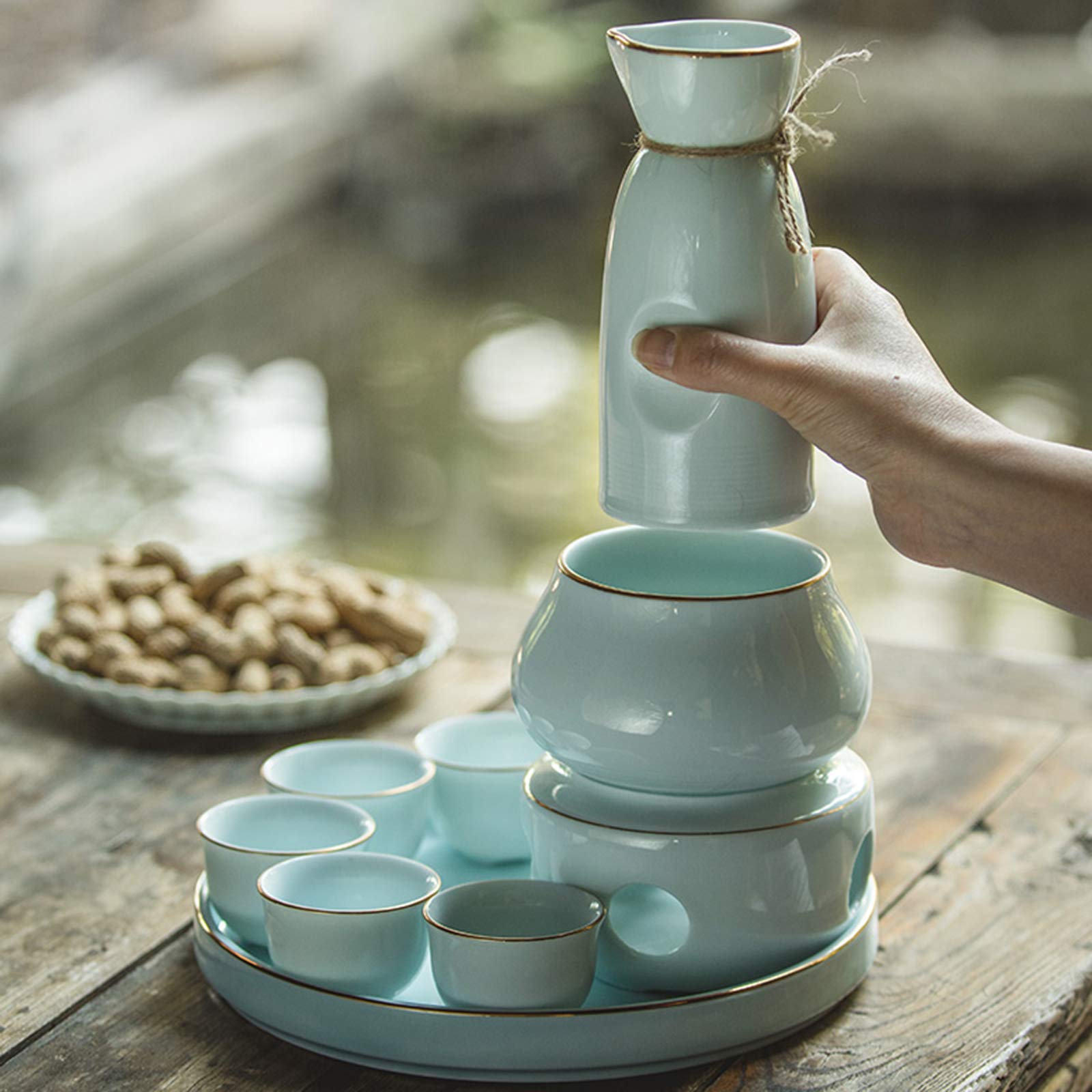 Sake Warmer Set en kopjes met warmer, Traditioneel porselein Japans aardewerk Hot Saki Drinkset, 7-delig Inclusief 1 fornuis 1 warmhoudkom 1 sakefles 4 kopjes (kaars NIET inbegrepen), G Sake Warmer Set en kopjes met warmer, Traditioneel porselein Japans aardewerk Hot Saki Drinkset, 7-delig Inclusief 1 fornuis 1 warmhoudkom 1 sakefles 4 kopjes (kaars NIET inbegrepen), G