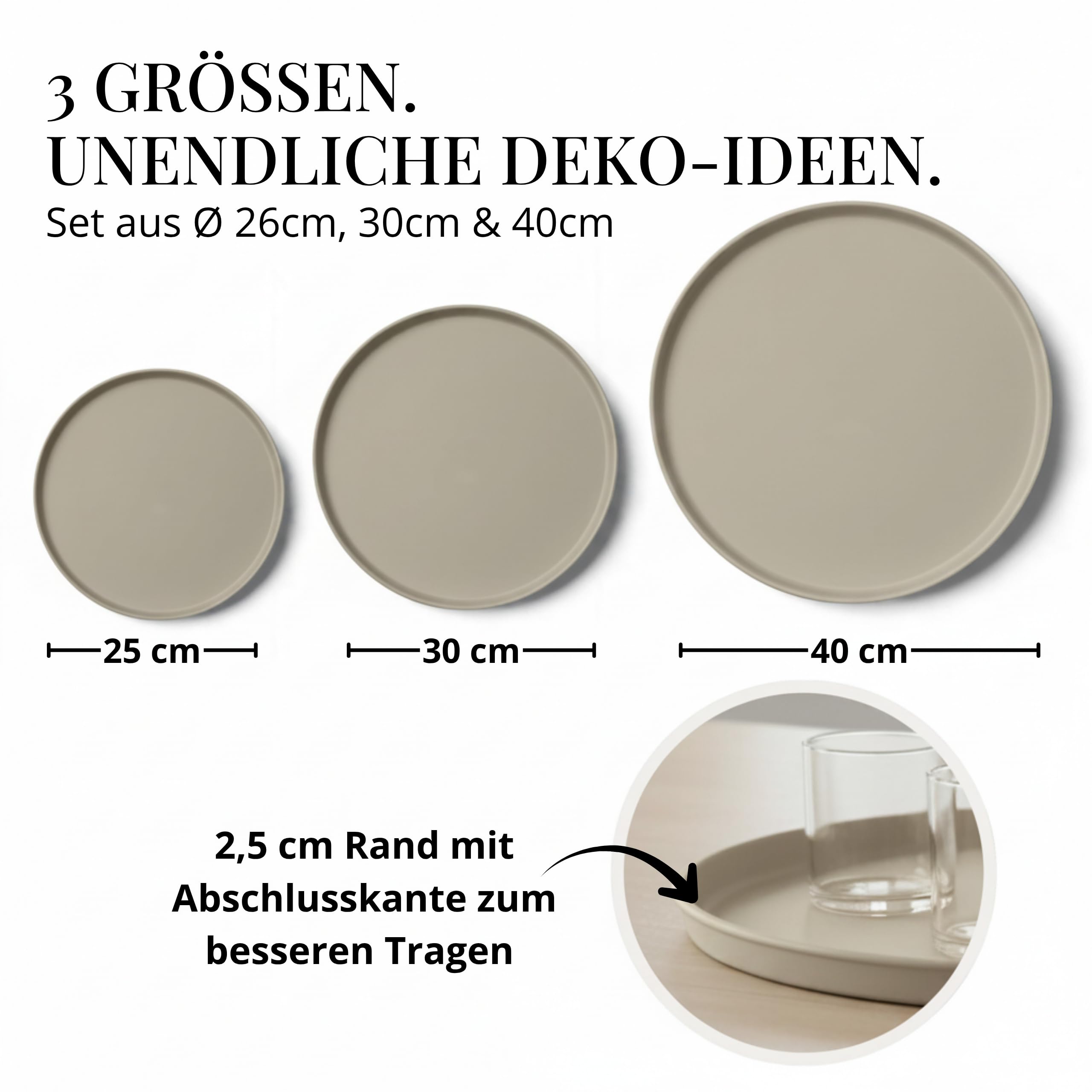 LIVLIG Deko Tablett Set, Serviertablett rund (25 cm, 30 cm, 40 cm), Beige | Dekotablett für Adventskranz, Kerzentablett & Dekotablett, Made in Europa - Stilvolles Tablett rund