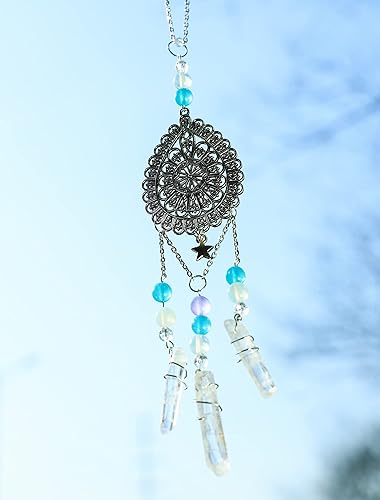 Miniatura 4 de Nosadi Dije de espejo retrovisor hecho a mano con diseño de arco iris, fluorita, cuarzo, mandala, decoración para colgar en la pared, decoración de