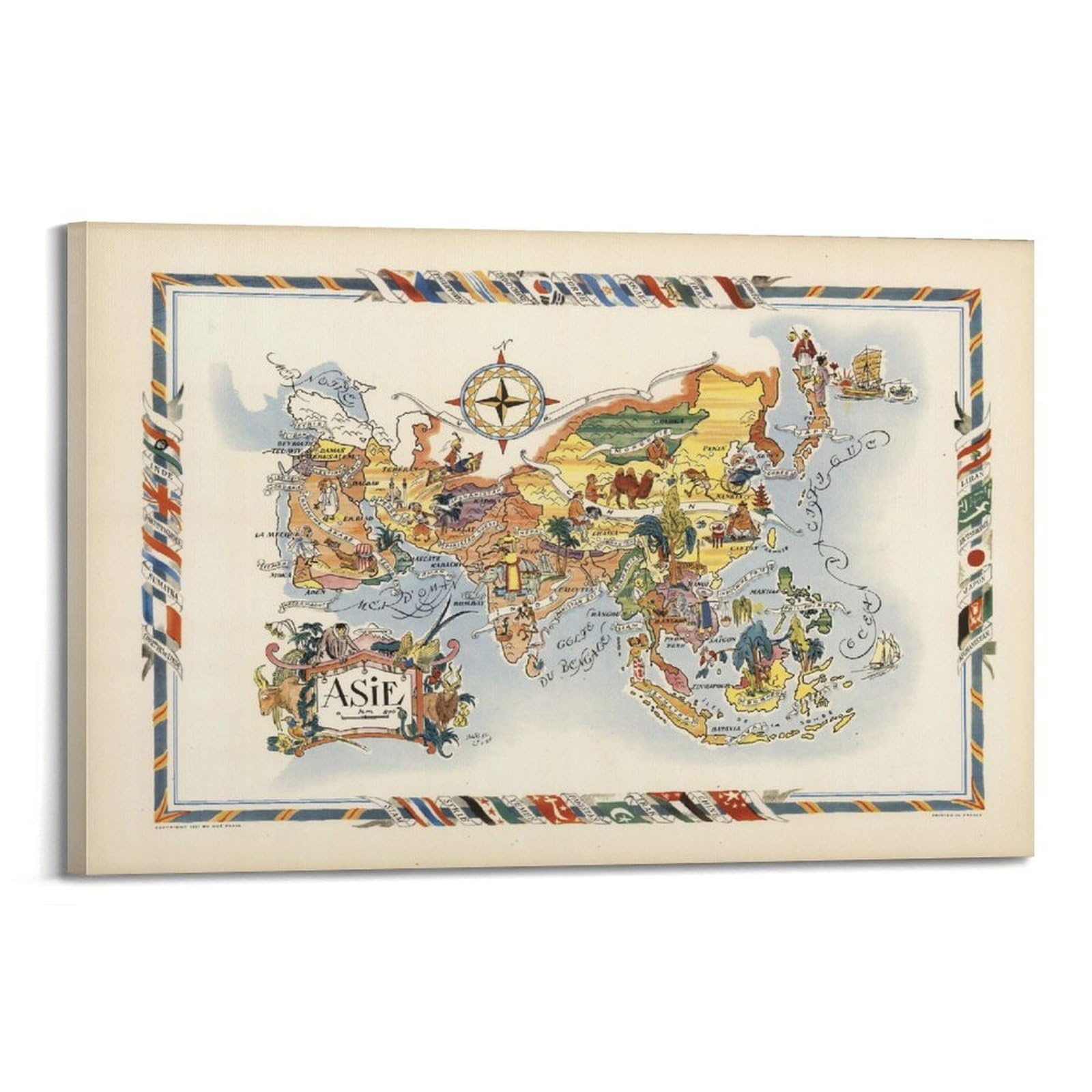 OKAHYS Vintage Travel Poster 1951 Map of Asia Decorative Painting Canvas Wall Artworks Picture 20x30inch(50x75cm)