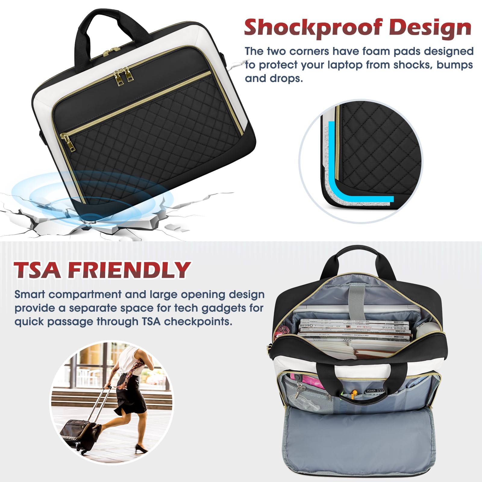 NEWHEY Borsa Porta PC 17.3 Pollici Borsa da Lavoro Donna Impermeabile Borsa Computer Grande Borsa Messenger Valigetta Portadocumenti Tracolla per Ufficio, Università, Scuola,Nero e beige