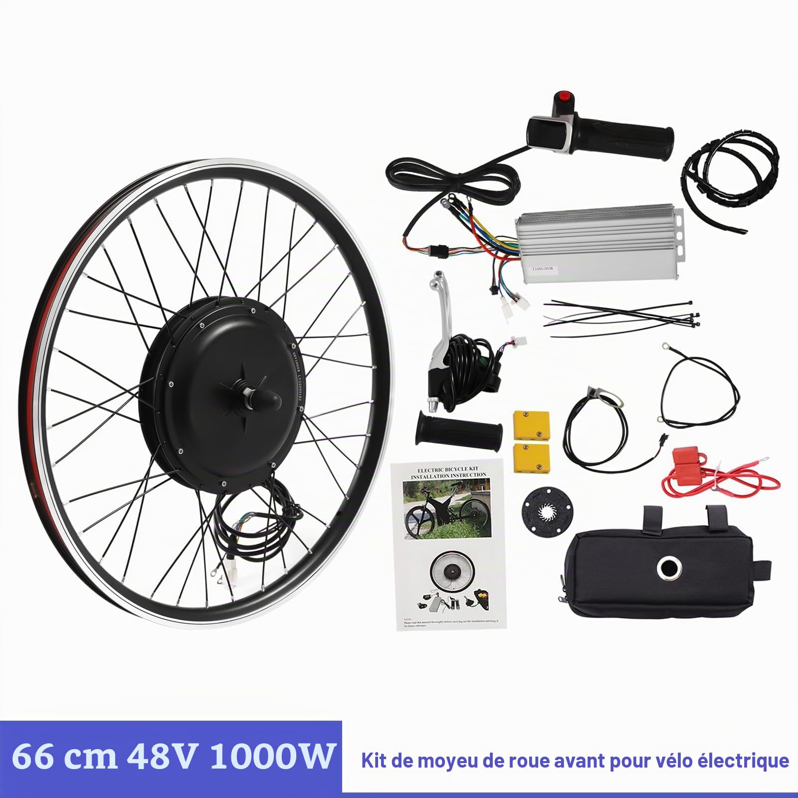 Kit de conversion pour vélo électrique 48 V 1000 W Brushless - Moteur de roue avant 55 km/h 26 pouces - Kit de conversion E-Bike avec écran LCD, contrôleur, poignée et capteur PAS - Moteur électrique