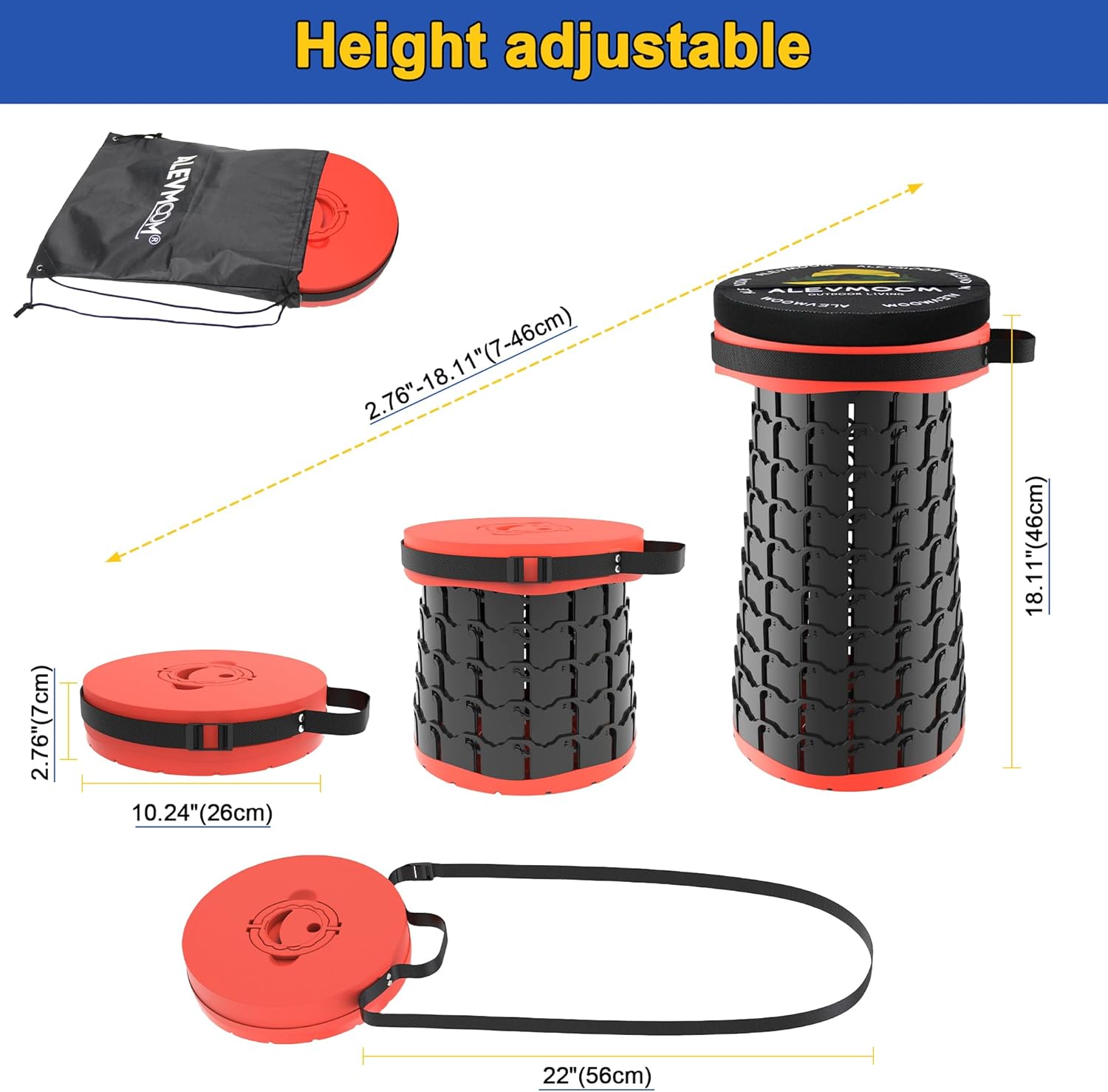ALEVMOOM Upgraded 18.1" XL Collapsible Stool with Cushion, Portable Folding Stools for Adults Capacity 800lbs, Lightweight Telescoping Stool for Camping Travel Fishing Hiking