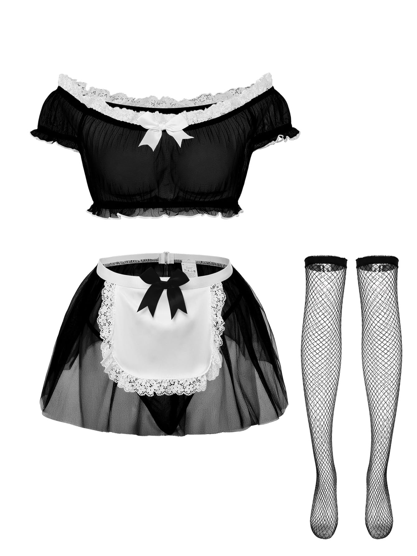 Sexy Stockings Mini Skirt Mesh Sheer Lace Halloween Costume Maid Outfit Lingerie with Thong Set 4 Piece
