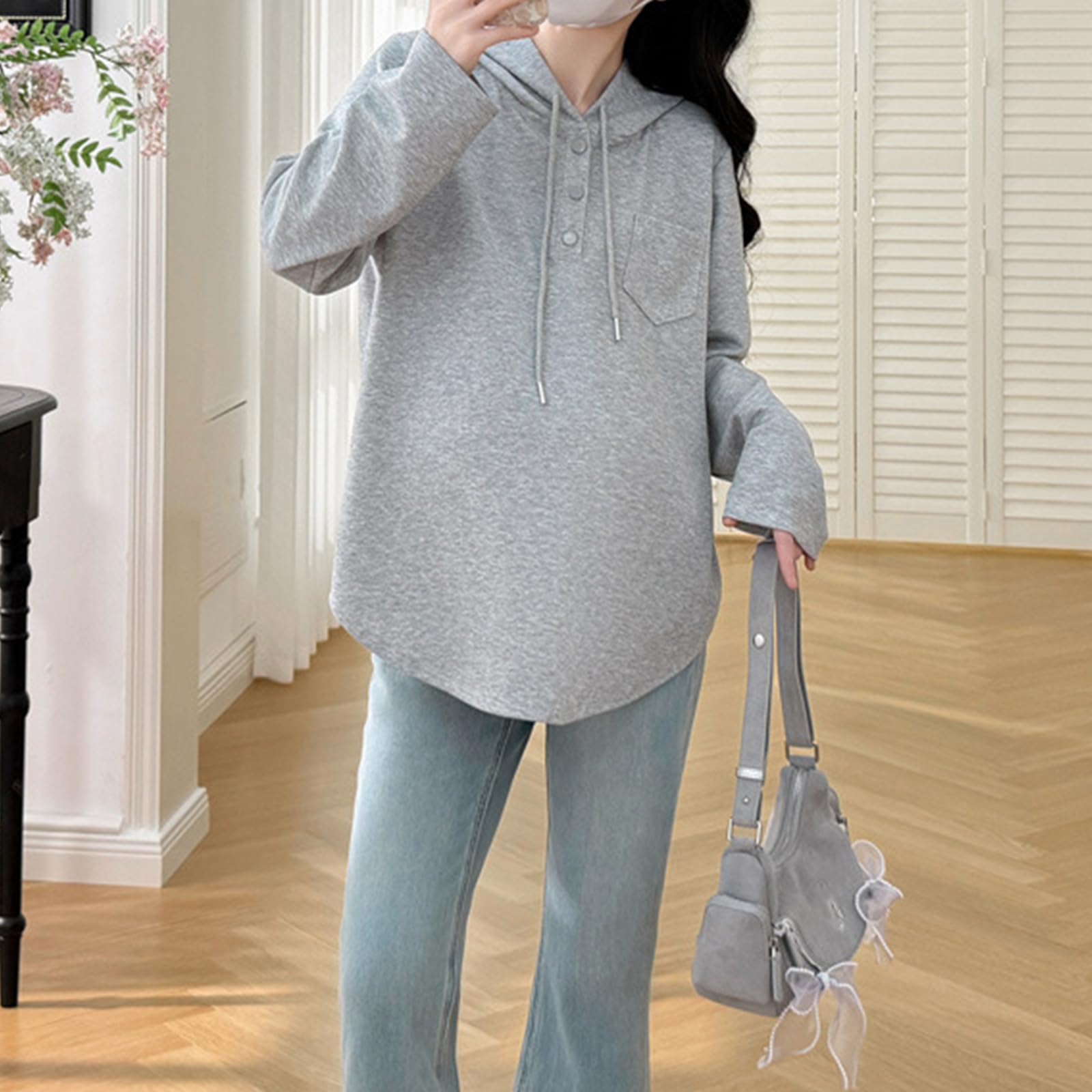Camisa de maternidad informal con capucha para primavera con diseño resistente al viento, transpirable, mezcla de algodón y poliéster, sudadera cómoda con capucha para embarazo