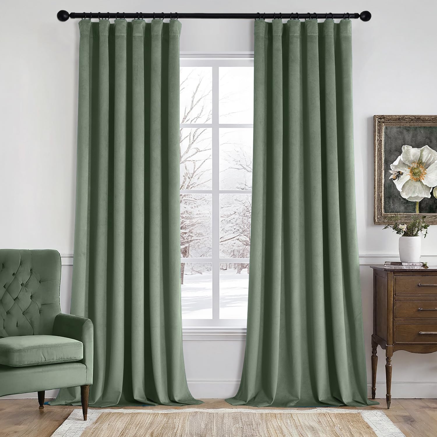 MIULEE Sage Green Velvet Curtains 96 Inches Long 2 Panels Set for Bedroom, Pinch Pleat Back Tab Thermal Insulated Living Room Darkening Drapes Pleated Blackout Floor to Ceiling Curtains with Hooks